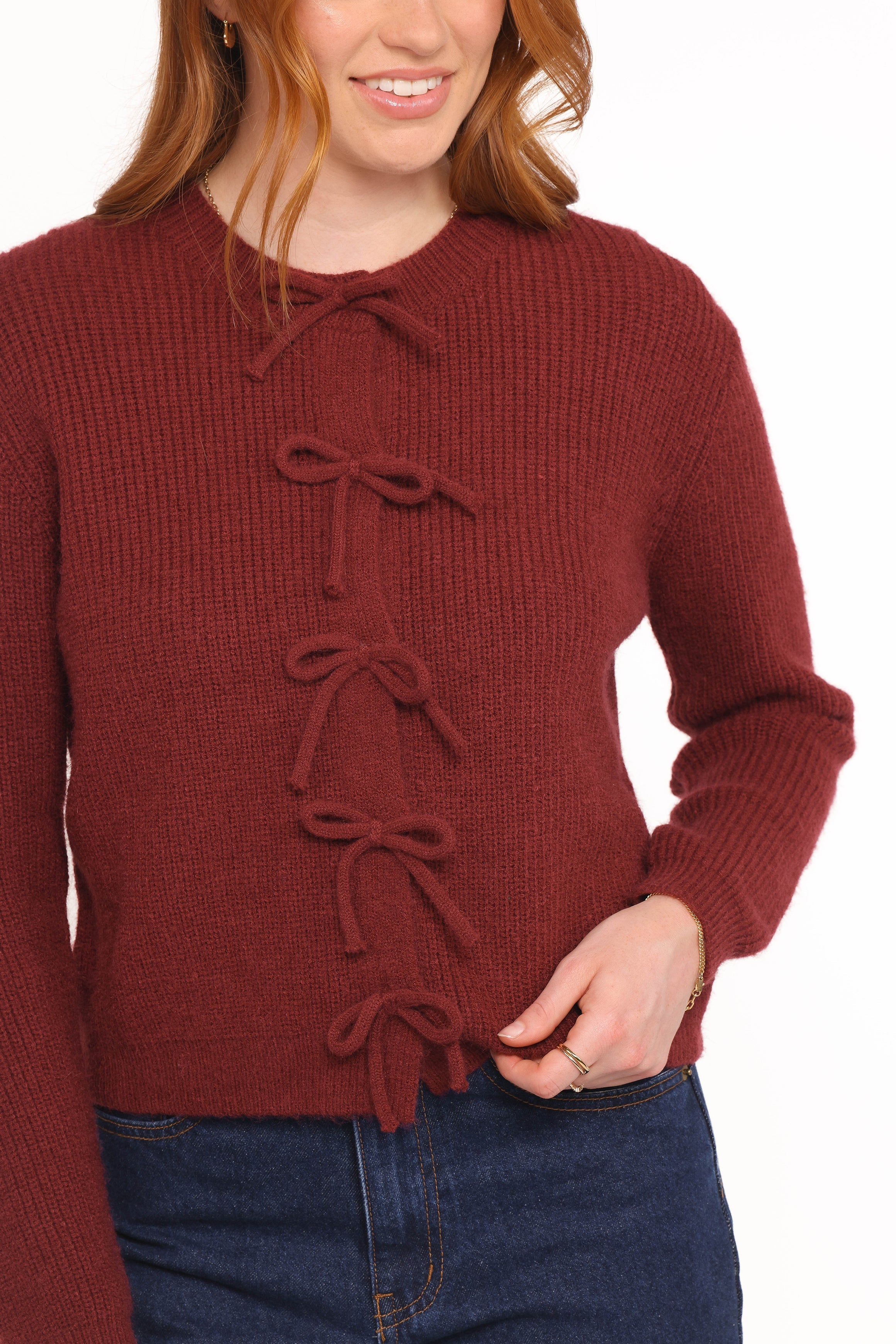 Women’s Burgundy Bow Front Cardigan, Ribbed Long Sleeve