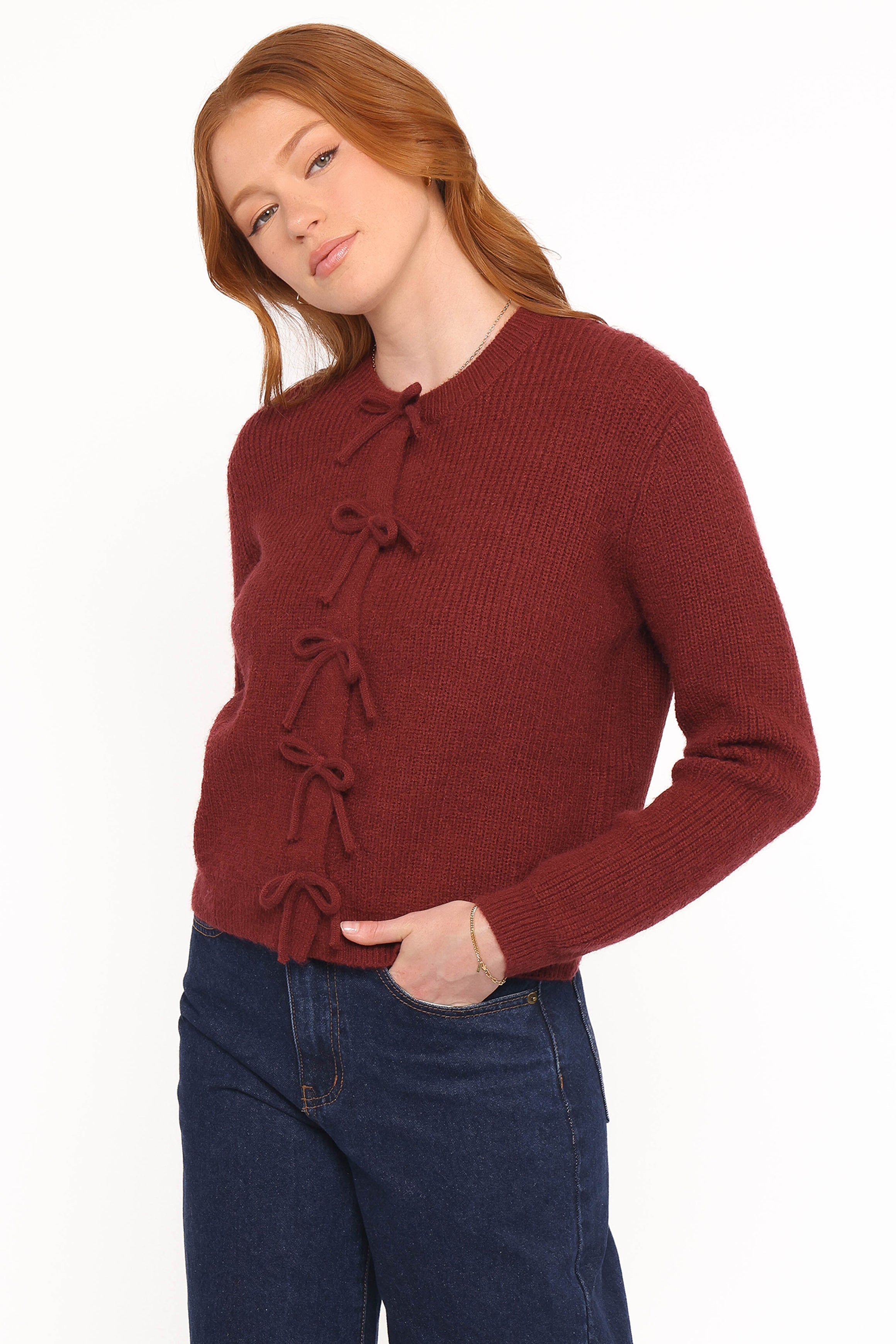 Women’s Burgundy Bow Front Cardigan, Ribbed Long Sleeve