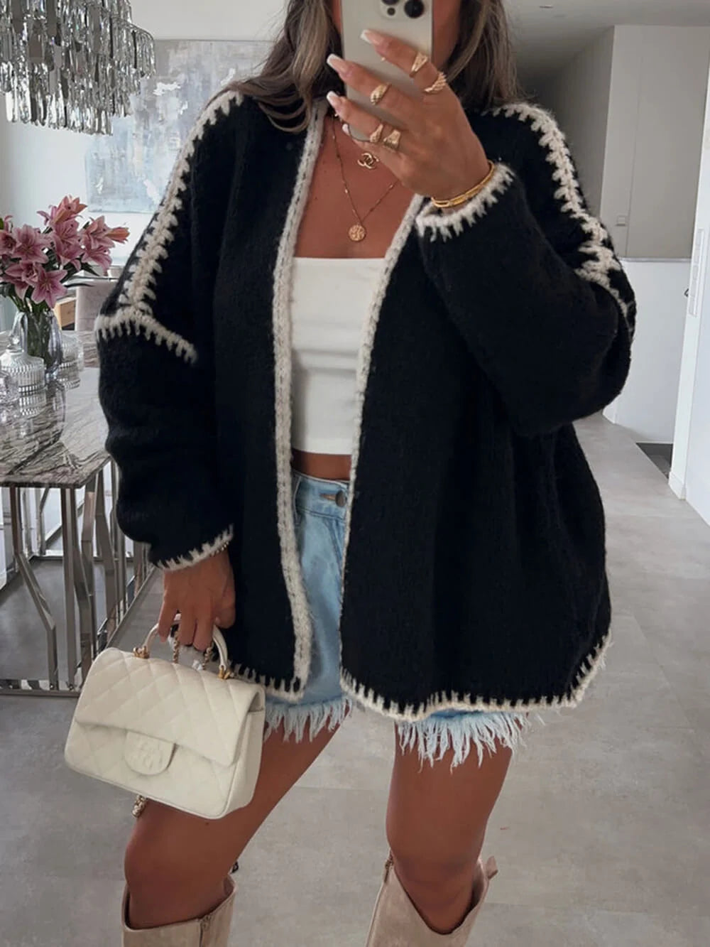 Oversized Open Front Knit Cardigan for Women with Textured Fabric and Relaxed Drape