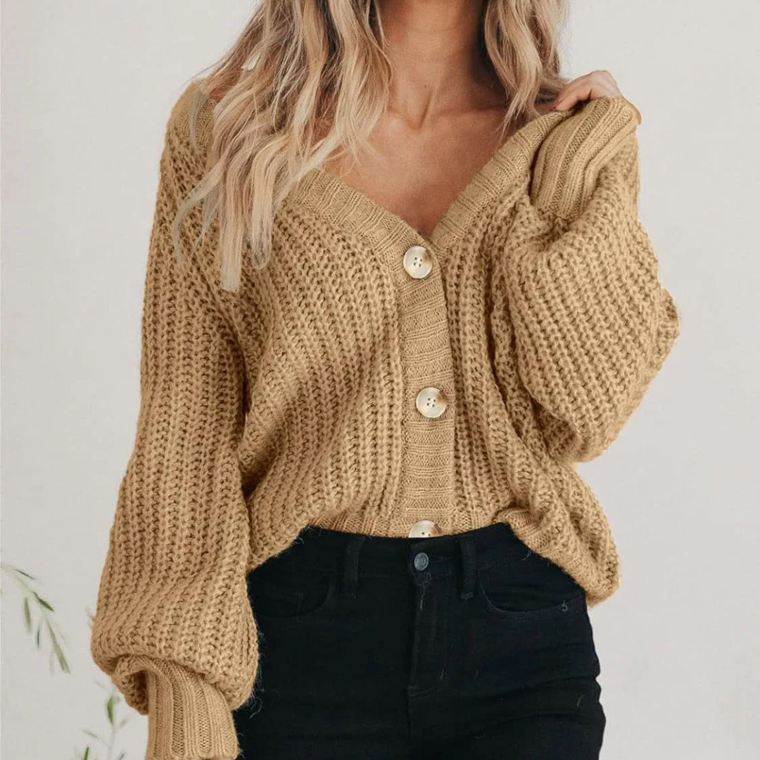 Oversized Chunky Knit Cardigan with Balloon Sleeves and V-Neck, Cropped Length