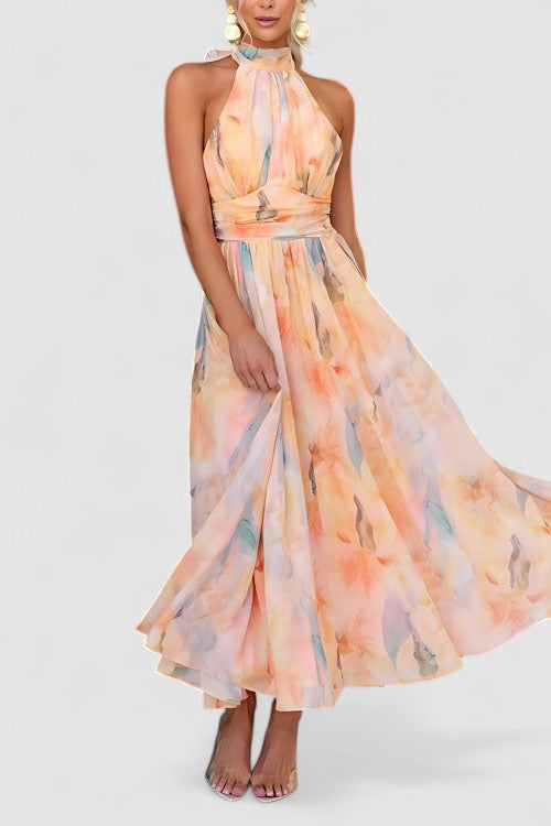 Floral Halter Maxi Dress for Women with Full Length Skirt and Summer Weight Fabric