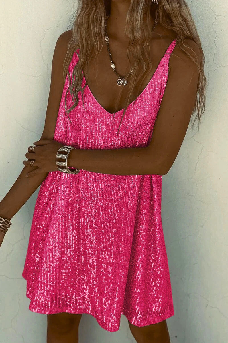 Sequin Mini Dress with V-Neck and Flared Skirt for Party Events