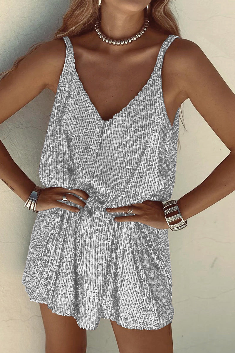 Sequin Mini Dress with V-Neck and Flared Skirt for Party Events