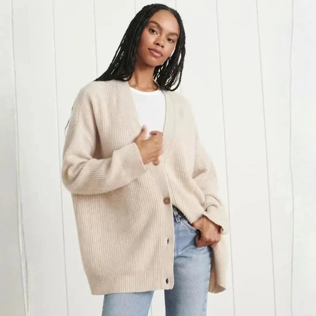Longline Ribbed Cardigan with Deep V-Neckline and Button Front, Oversized Fit