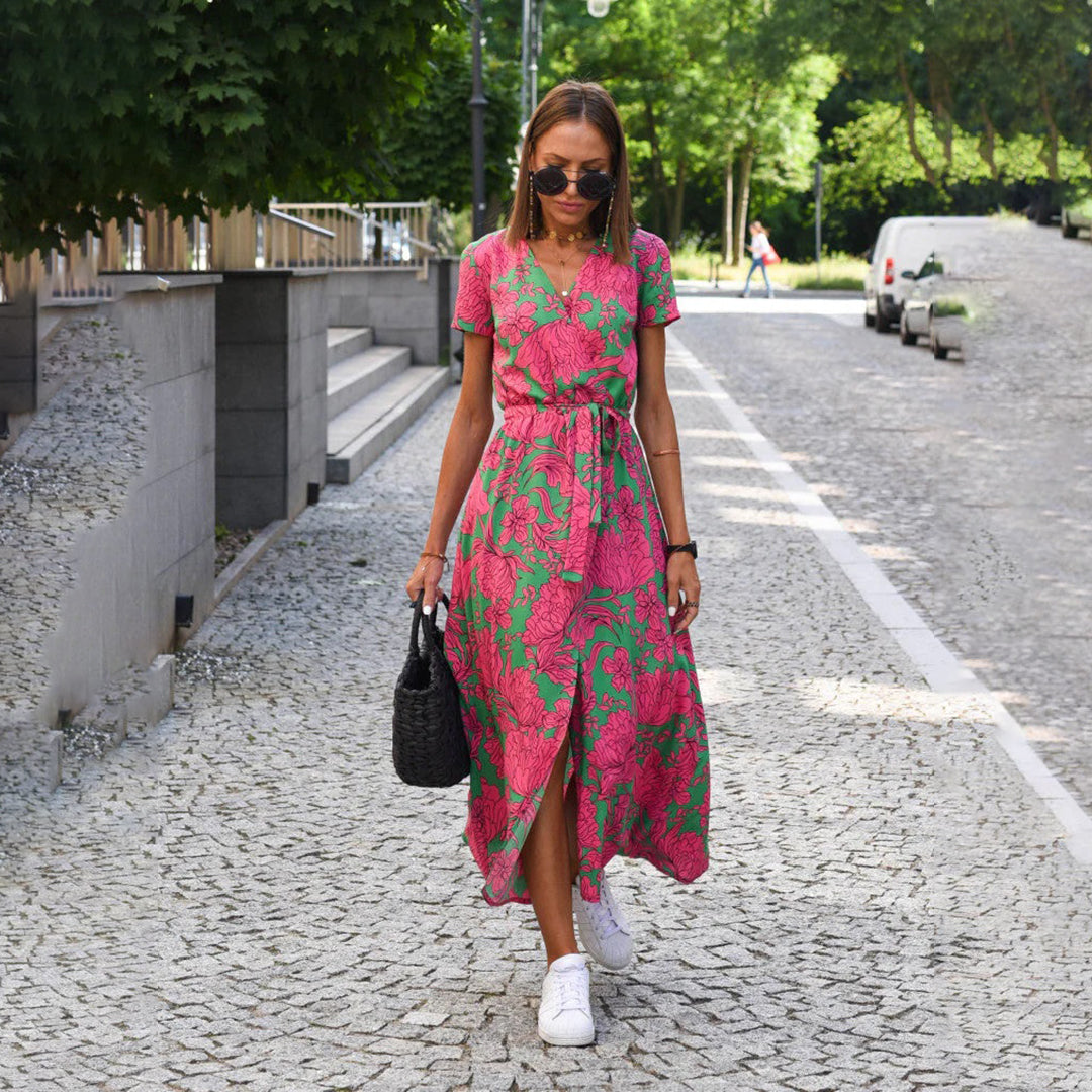 Women's Floral Wrap Maxi Dress with V-Neckline and Tie Waist