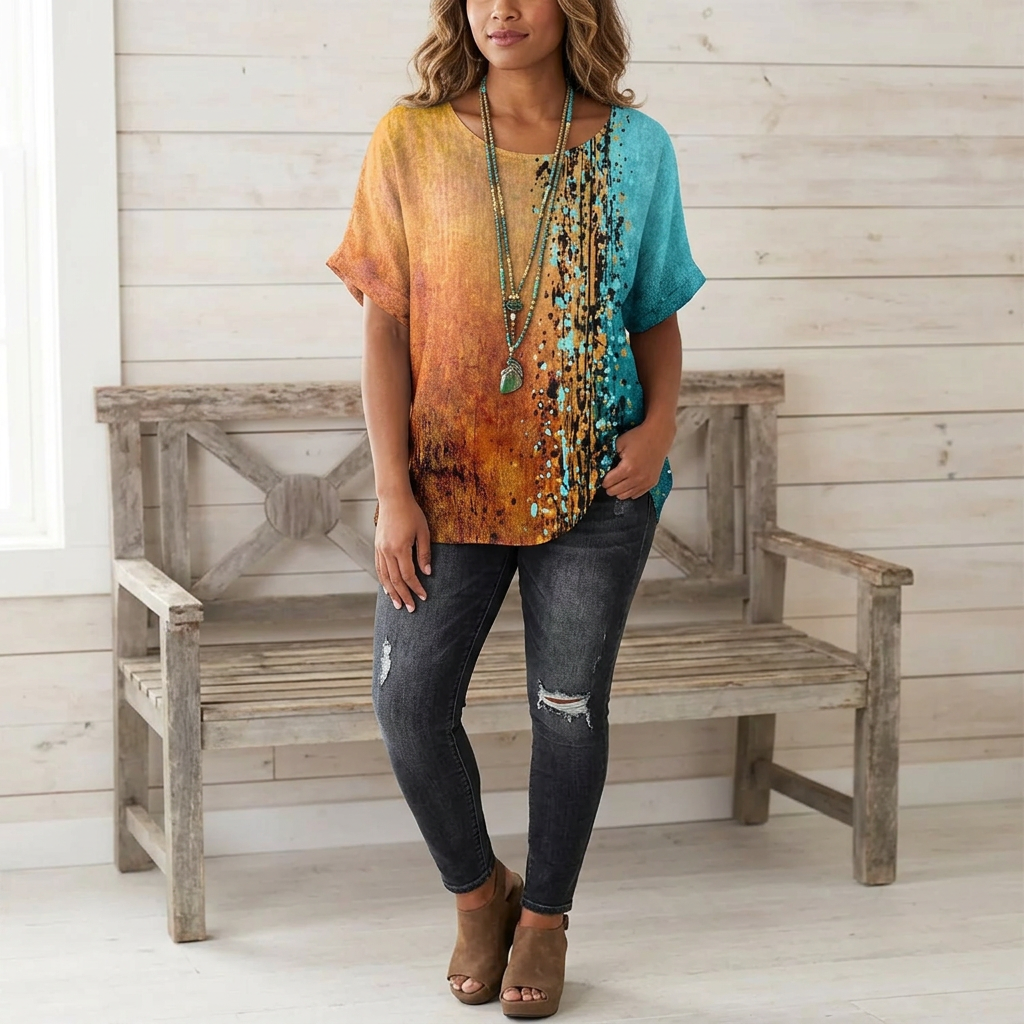 Women's Graphic Print Blouse with Half Sleeves and Relaxed Fit