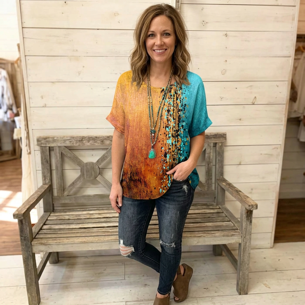 Women's Graphic Print Blouse with Half Sleeves and Relaxed Fit