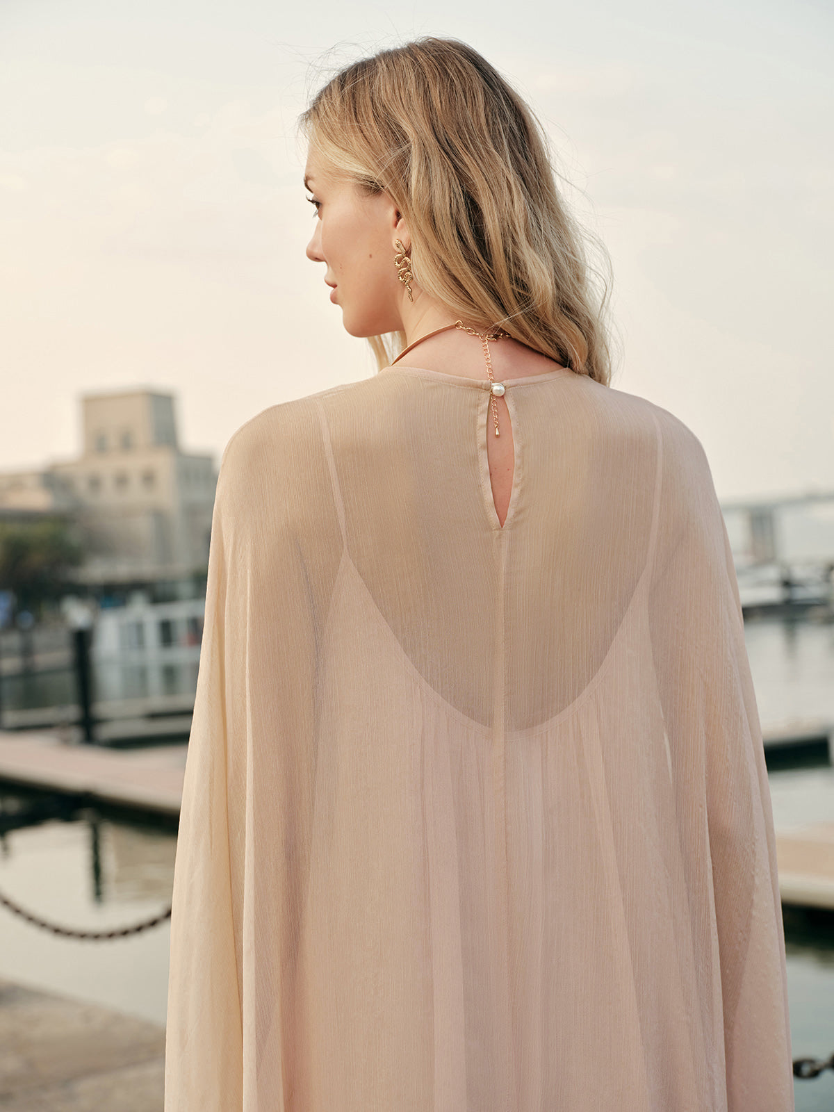 Maxi Dress with Long Sleeves and Sheer Chiffon, Crew Neck Shift Fit