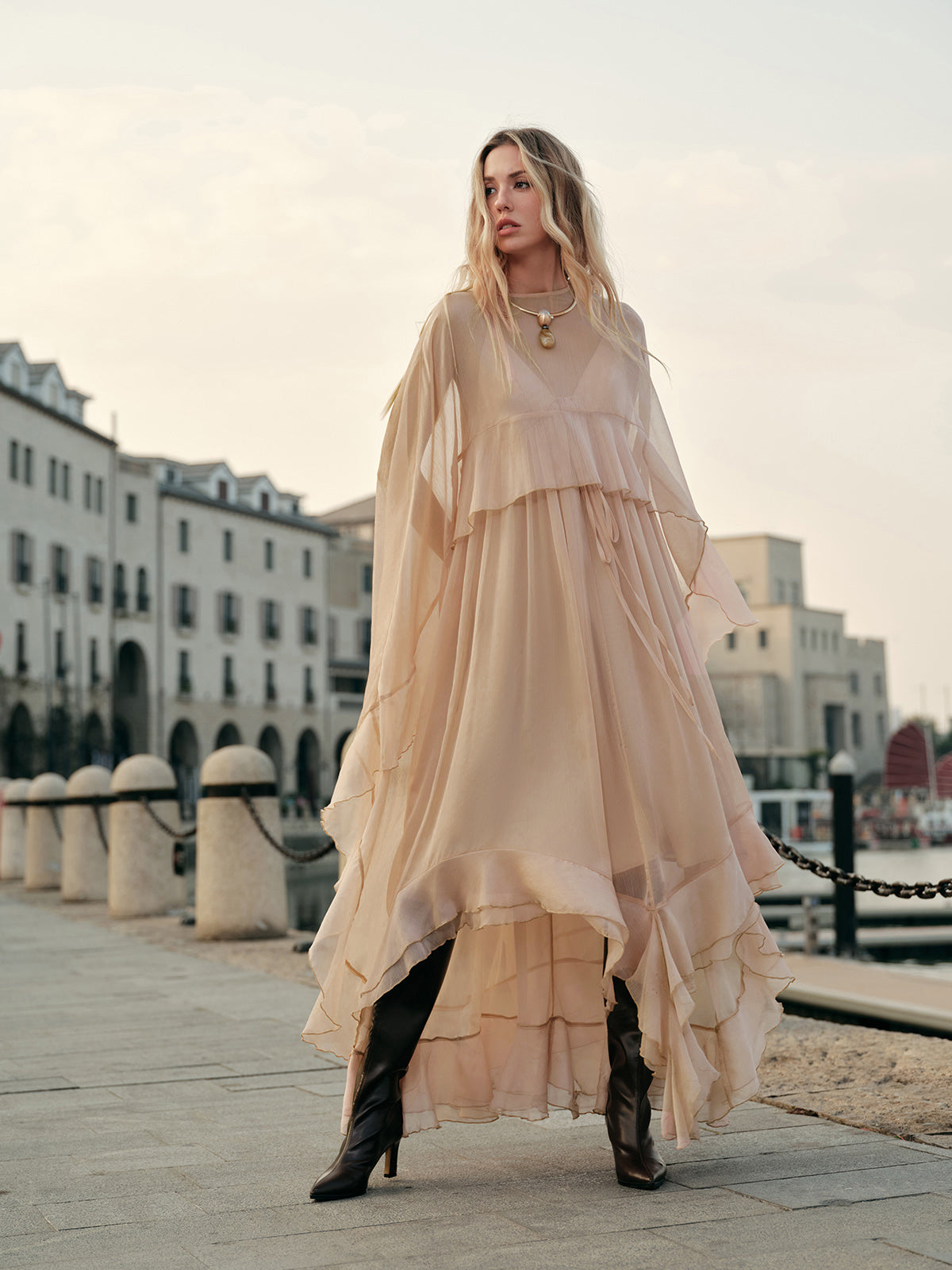 Maxi Dress with Long Sleeves and Sheer Chiffon, Crew Neck Shift Fit