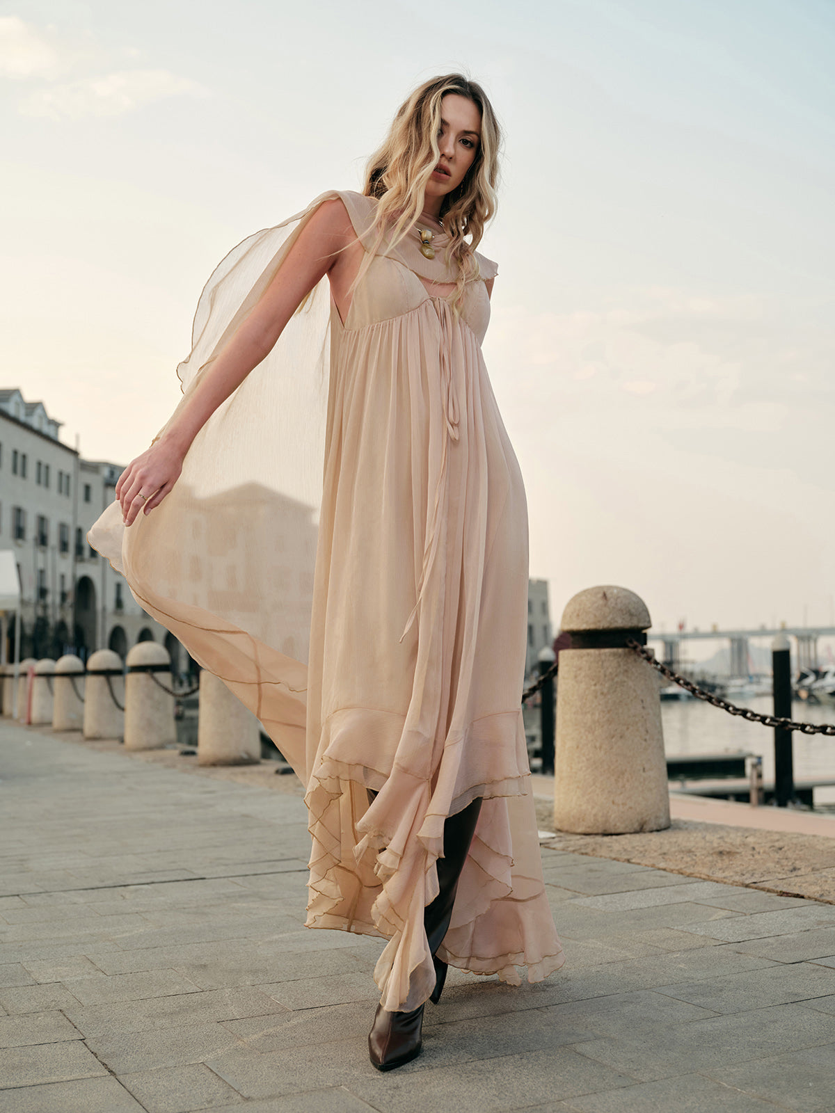 Maxi Dress with Long Sleeves and Sheer Chiffon, Crew Neck Shift Fit