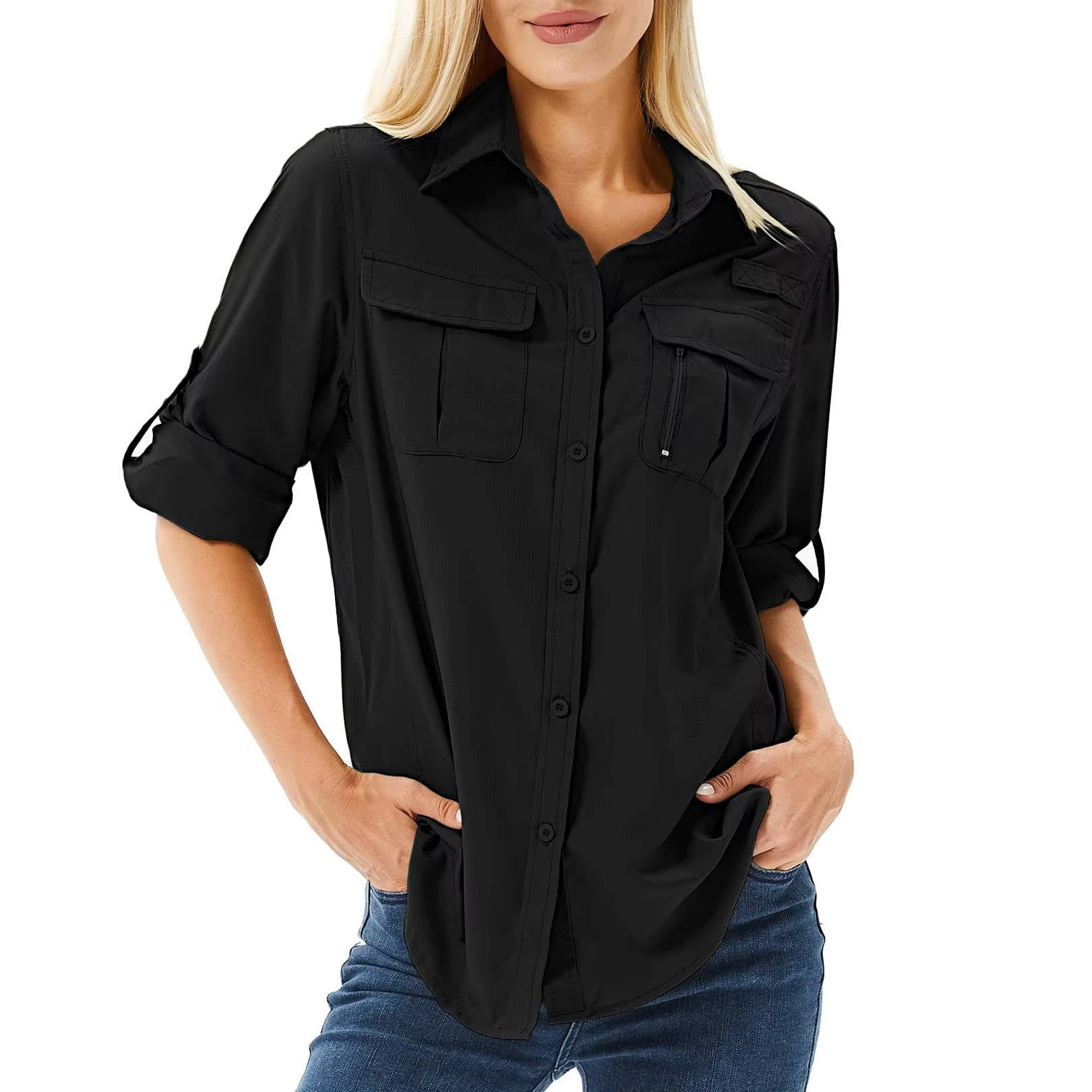 Women's UPF 50 Long Sleeve Shirt with Convertible Sleeves and Mesh Back, Hiking Fishing