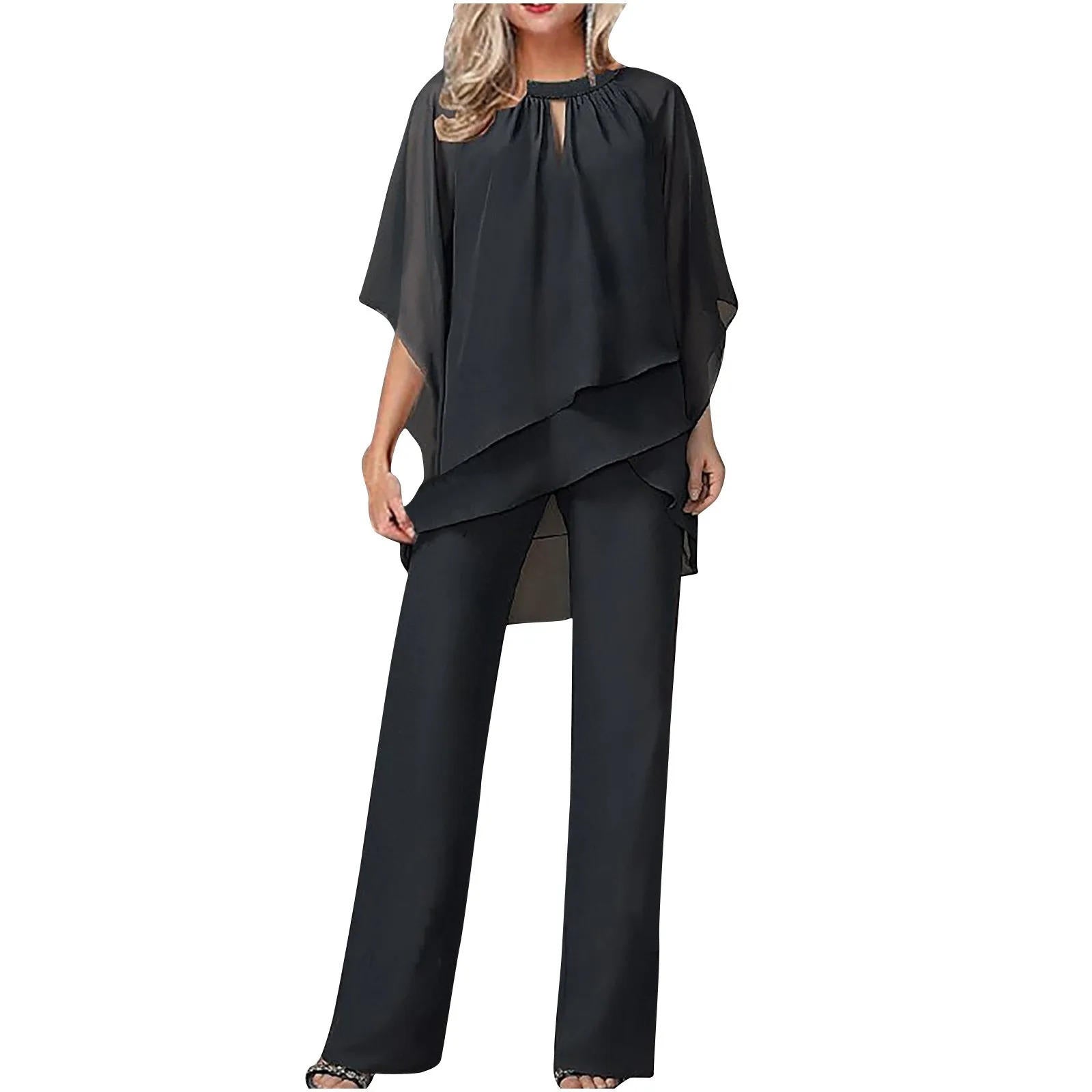 Women's Chiffon Pantsuit with Batwing Sleeves and Shimmer Details, Machine Washable