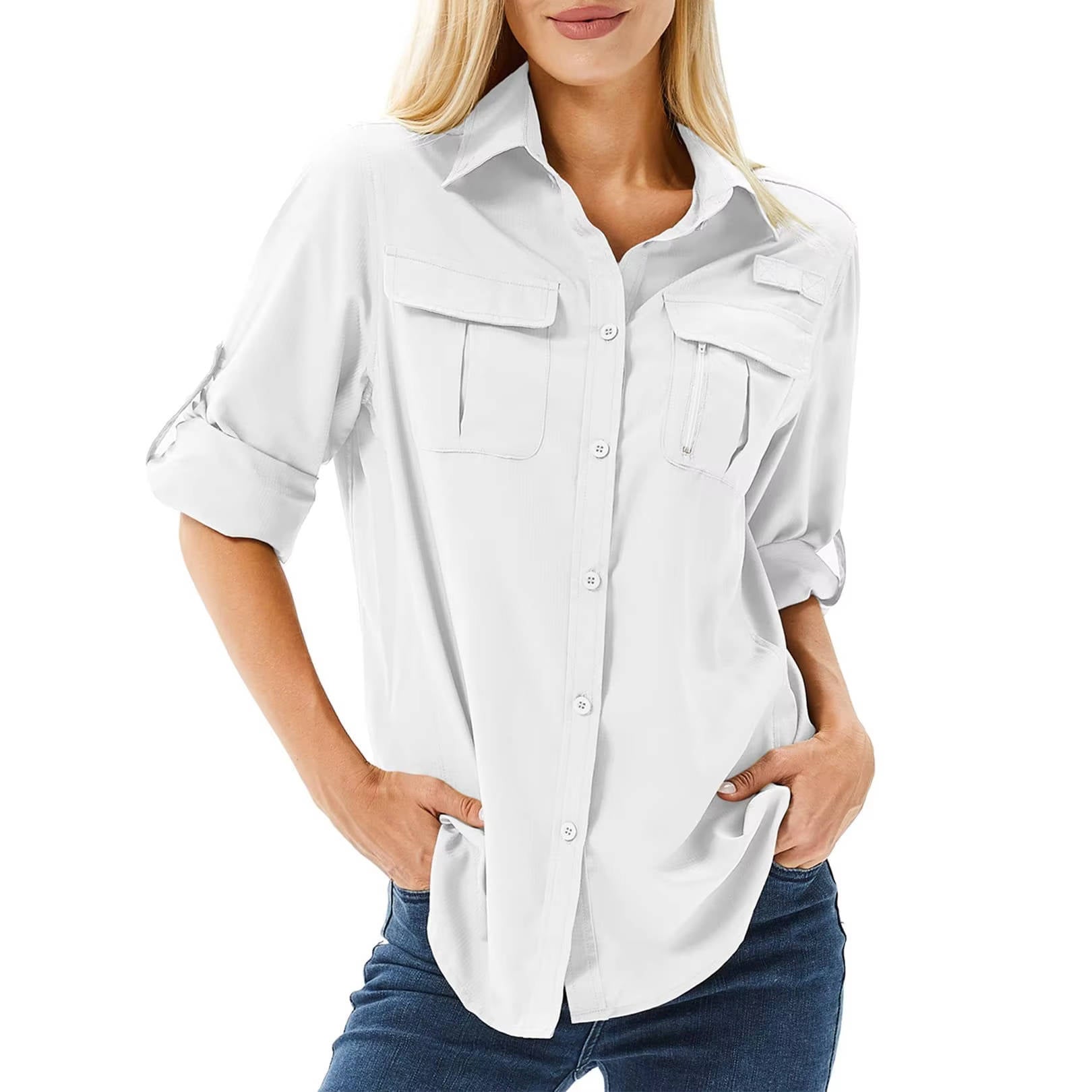 Women's UPF 50 Long Sleeve Shirt with Convertible Sleeves and Mesh Back, Hiking Fishing