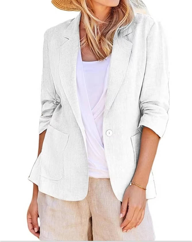 Women's Linen Blazer with Cinched Waist and Ruched Three Quarter Sleeves