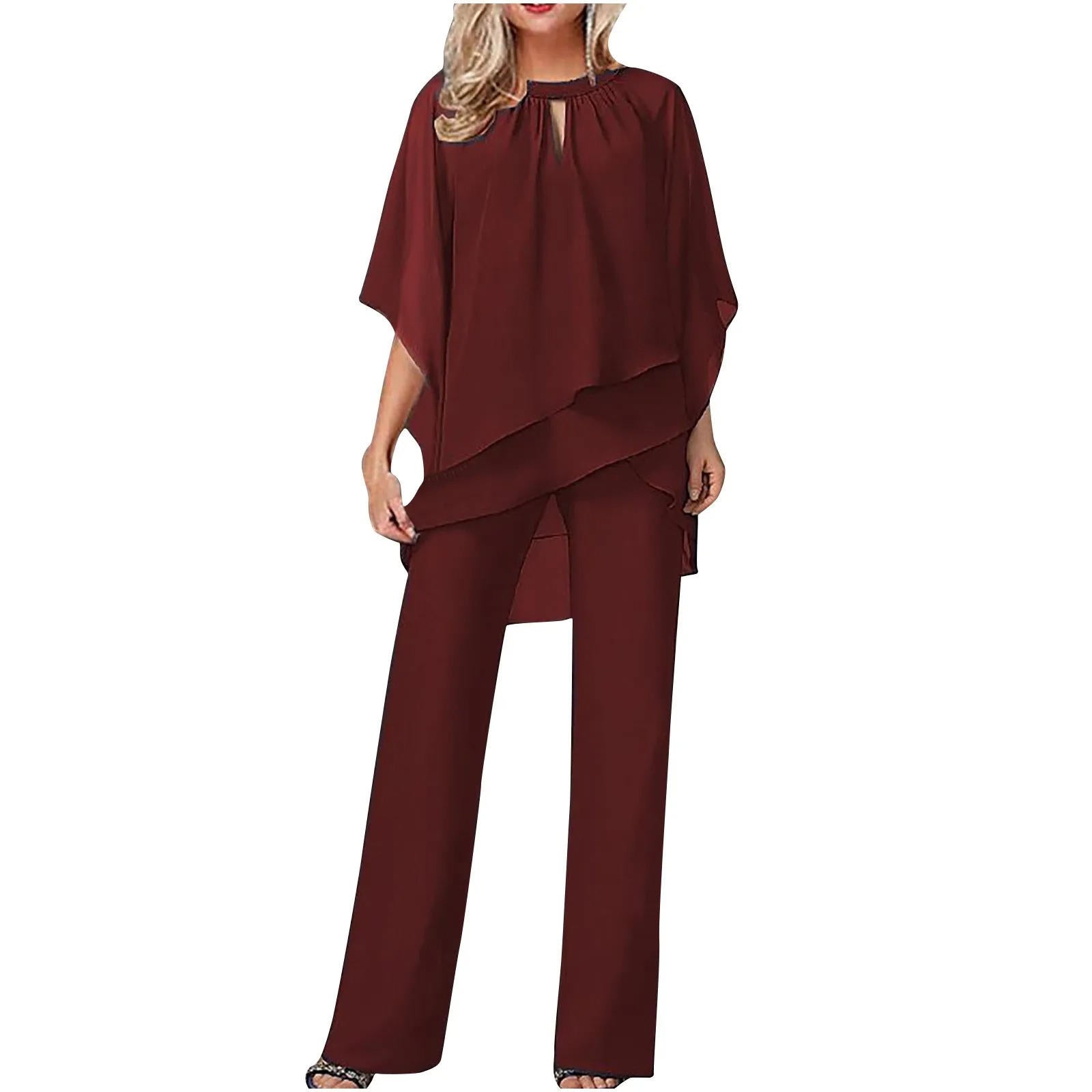 Women's Chiffon Pantsuit with Batwing Sleeves and Shimmer Details, Machine Washable