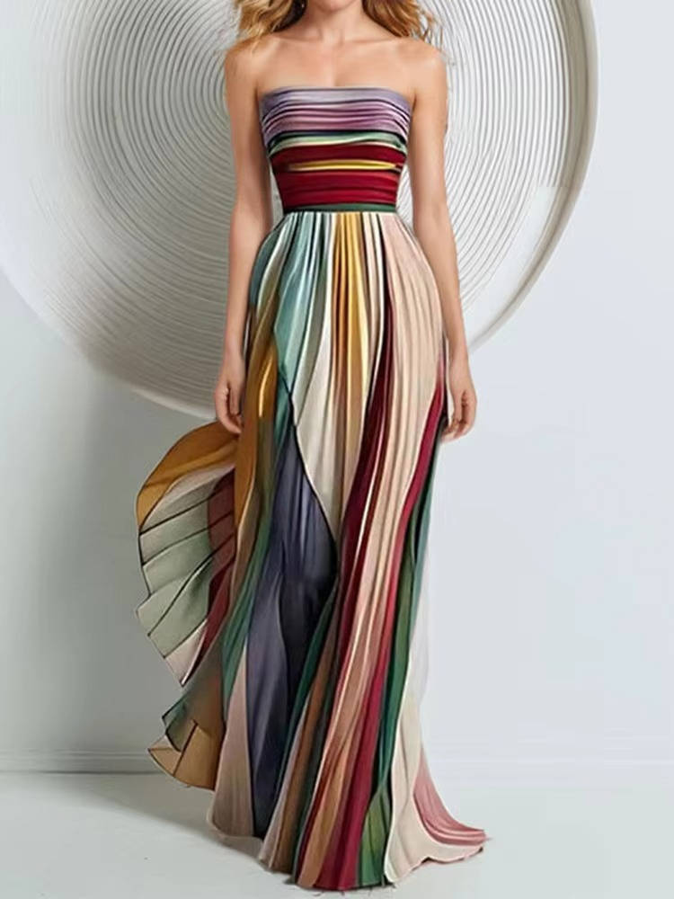 Strapless Maxi Dress with Structured Boning and Pleated Chiffon Skirt, Vertical Stripe