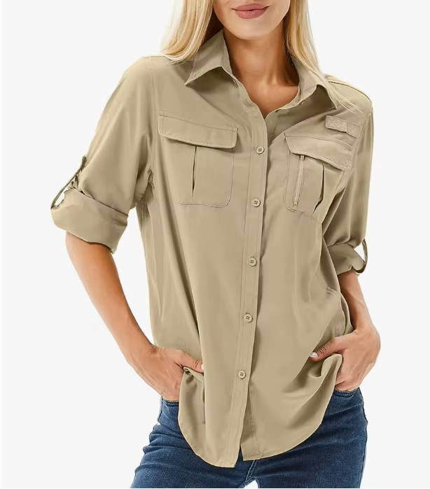 Women's UPF 50 Long Sleeve Shirt with Convertible Sleeves and Mesh Back, Hiking Fishing