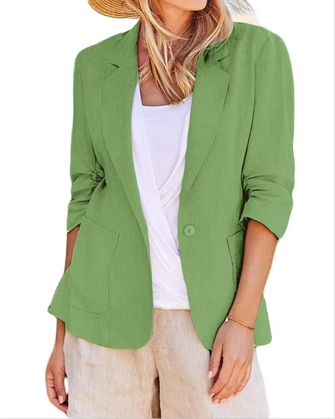 Women's Linen Blazer with Cinched Waist and Ruched Three Quarter Sleeves