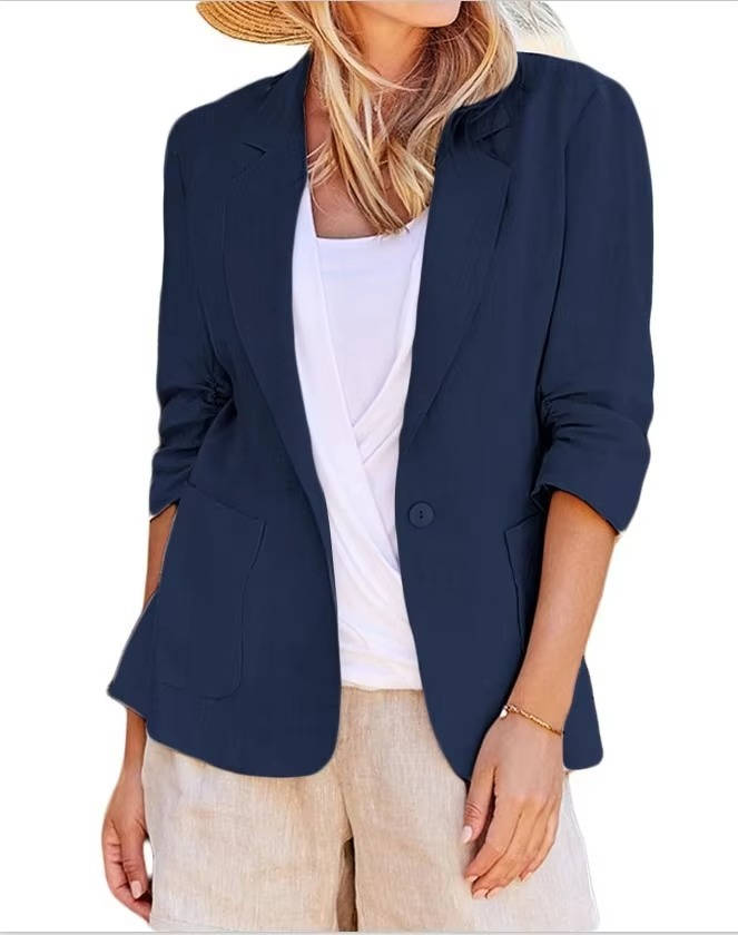 Women's Linen Blazer with Cinched Waist and Ruched Three Quarter Sleeves
