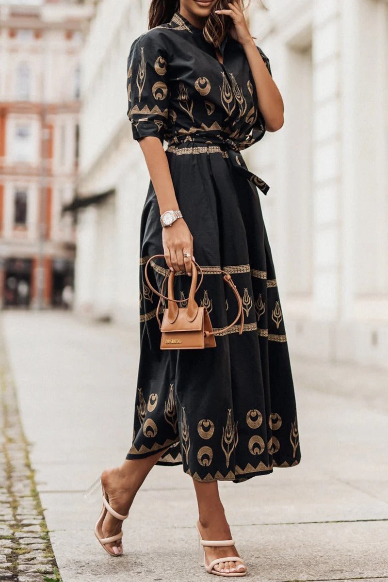 A-Line Dress with Short Sleeves and Tailored Fit, Knee to Mid-Calf Length