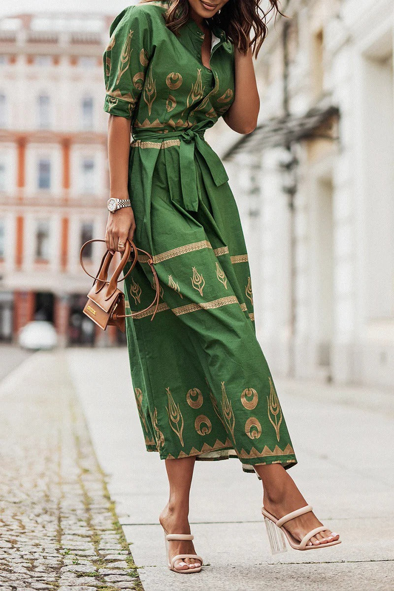 A-Line Dress with Short Sleeves and Tailored Fit, Knee to Mid-Calf Length