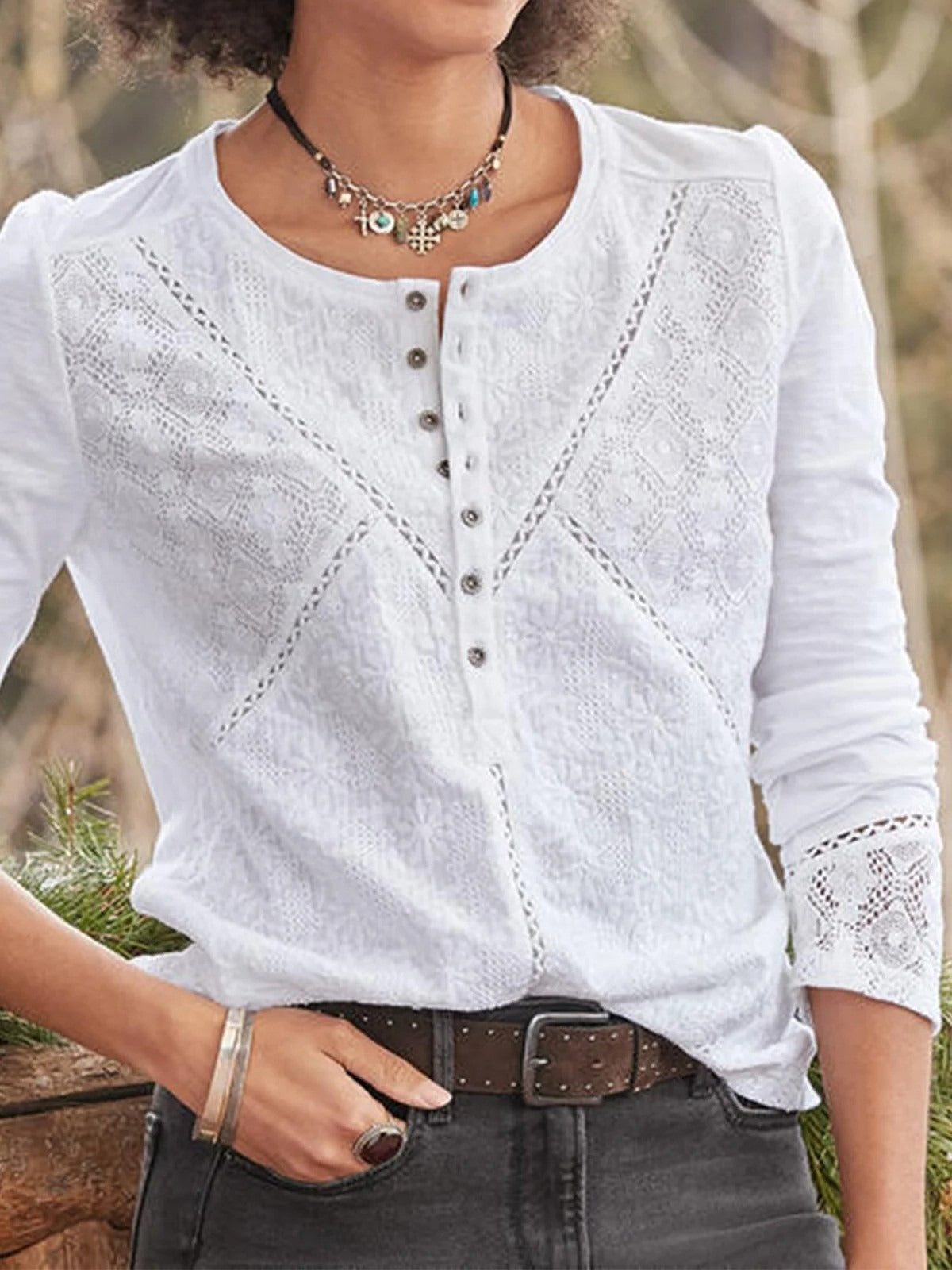 Women's Lace Crew Neck Long Sleeve Shirt with Relaxed Fit