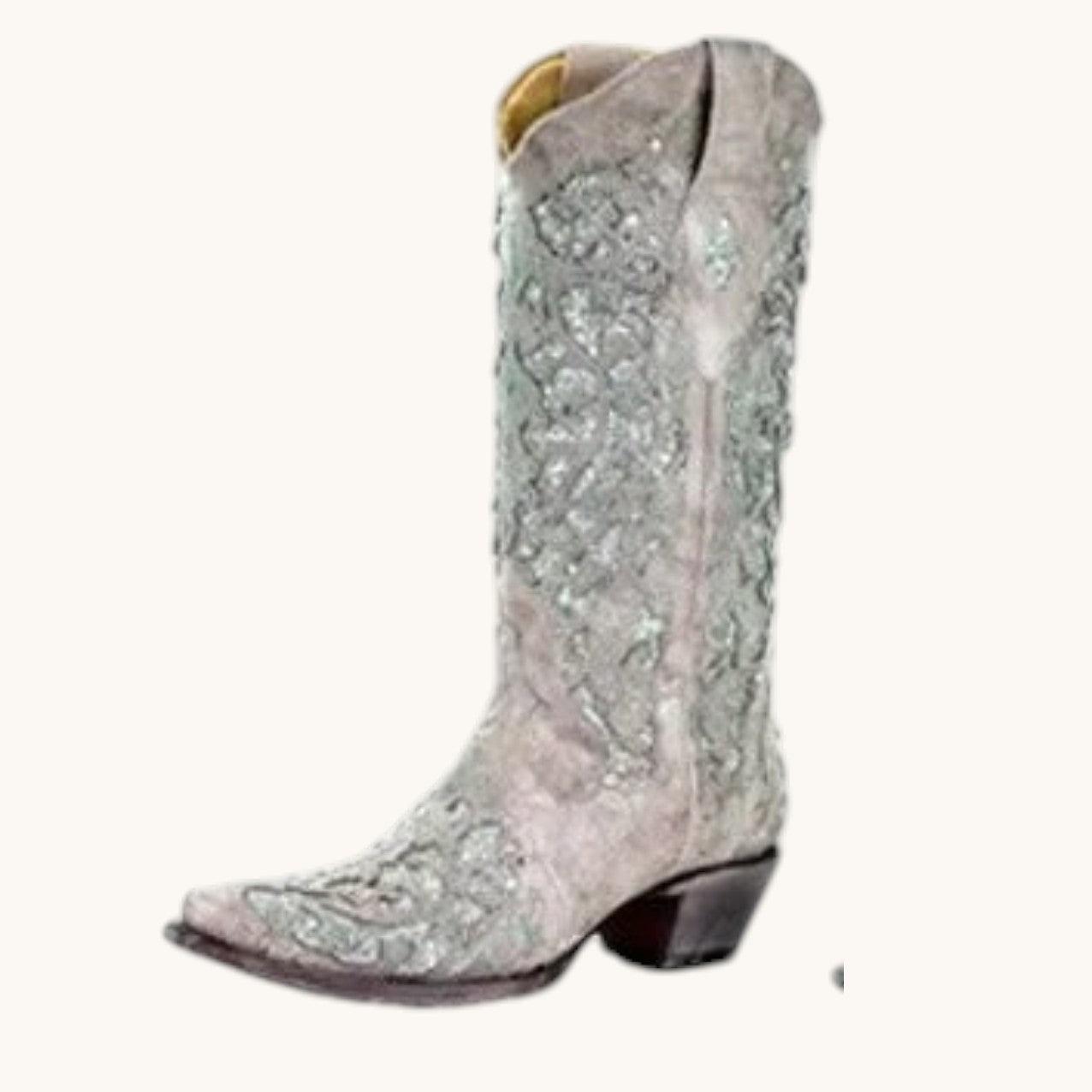 Women's Knee High Boots with Sequined Embroidery and Pointed Toe, Block Heel