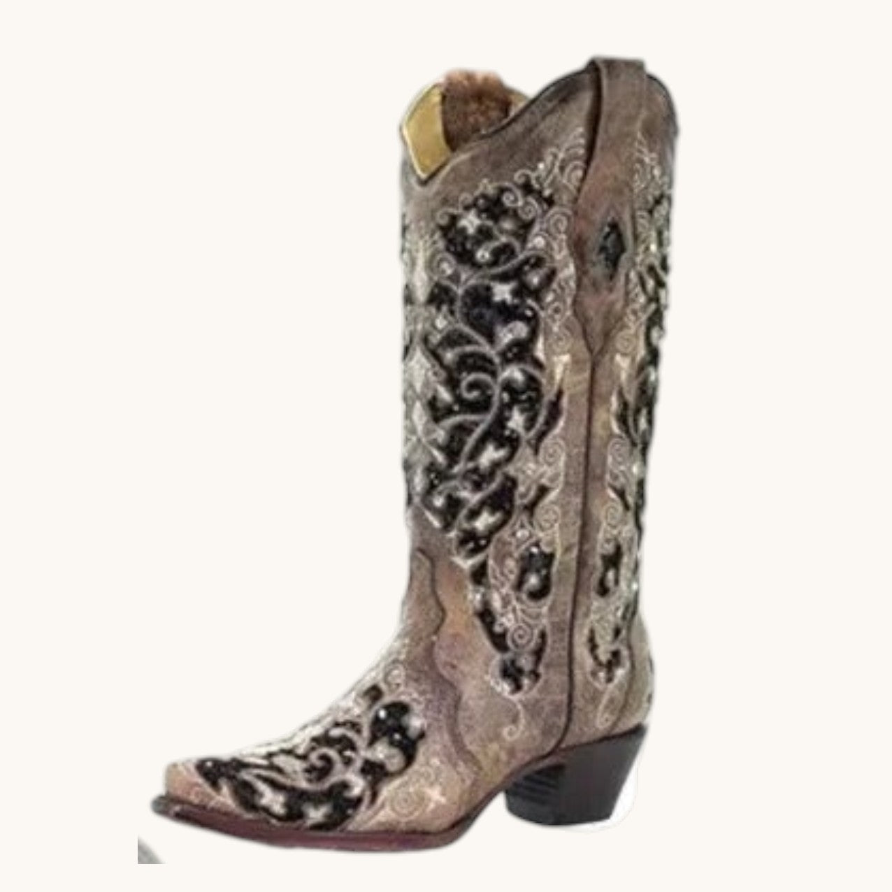 Women's Knee High Boots with Sequined Embroidery and Pointed Toe, Block Heel