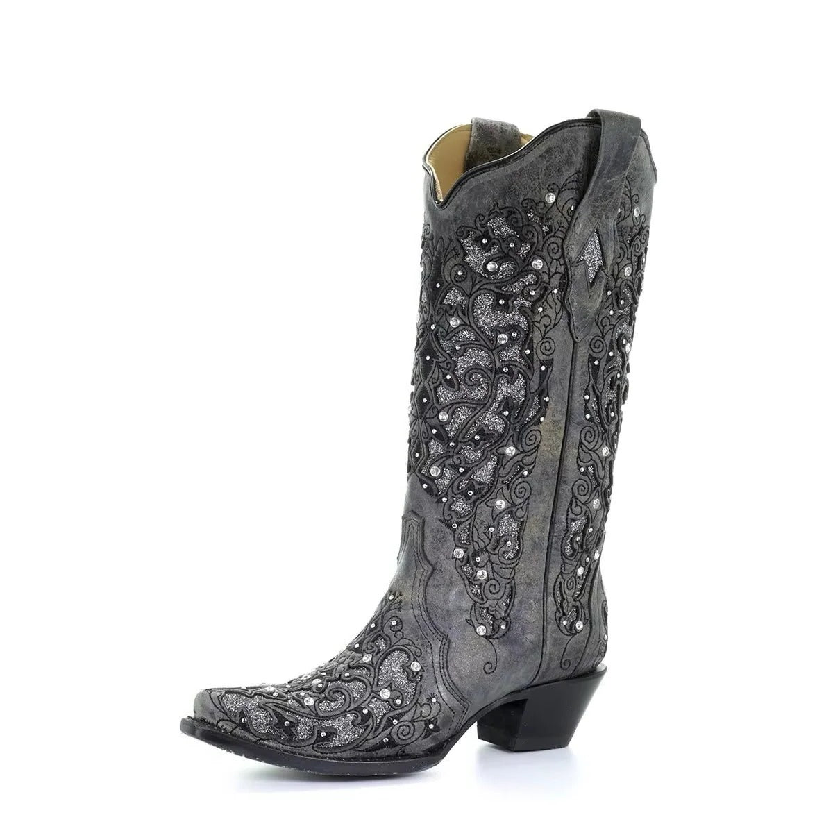 Women's Knee High Boots with Sequined Embroidery and Pointed Toe, Block Heel