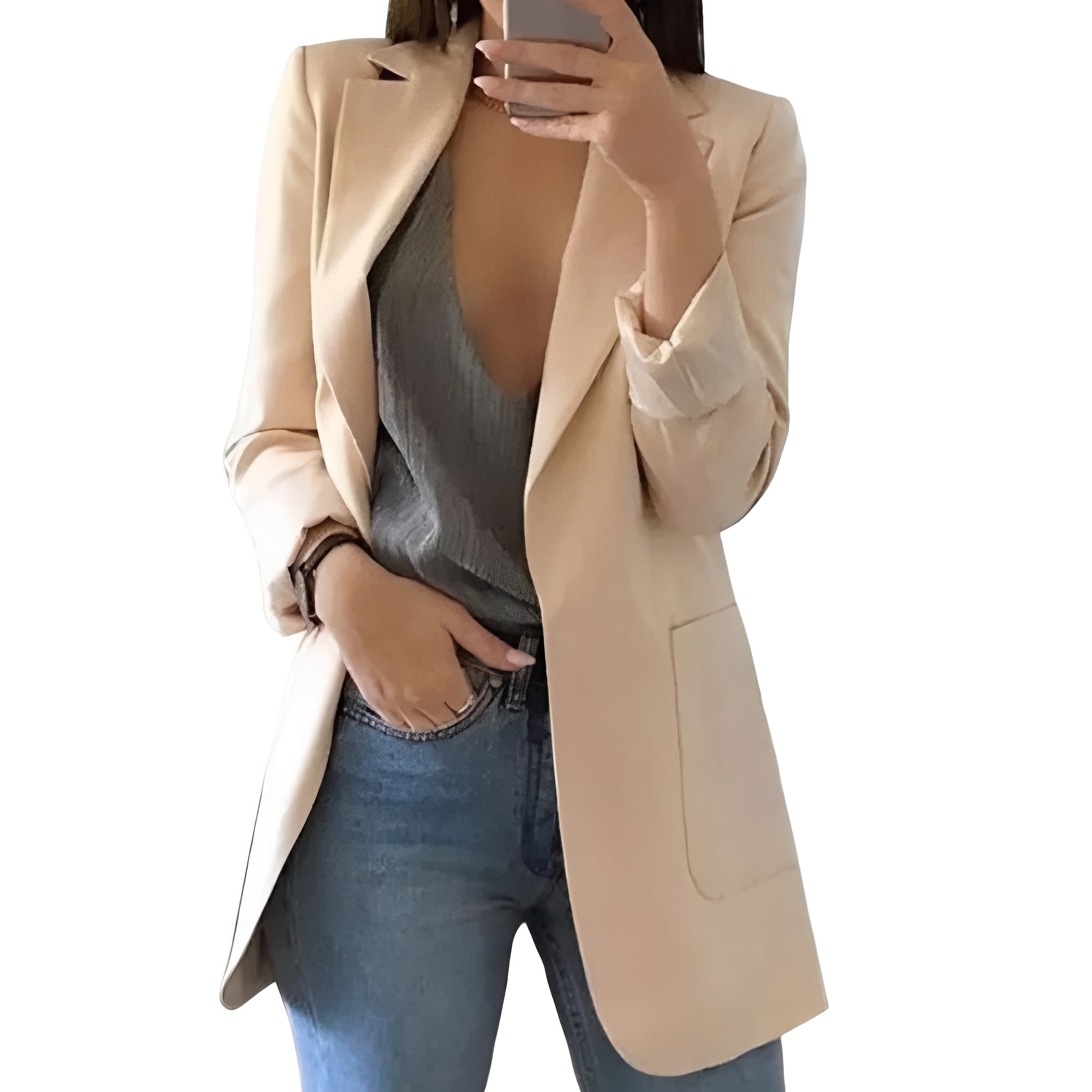 Structured Wool Blazer with Extended Length and Open Front