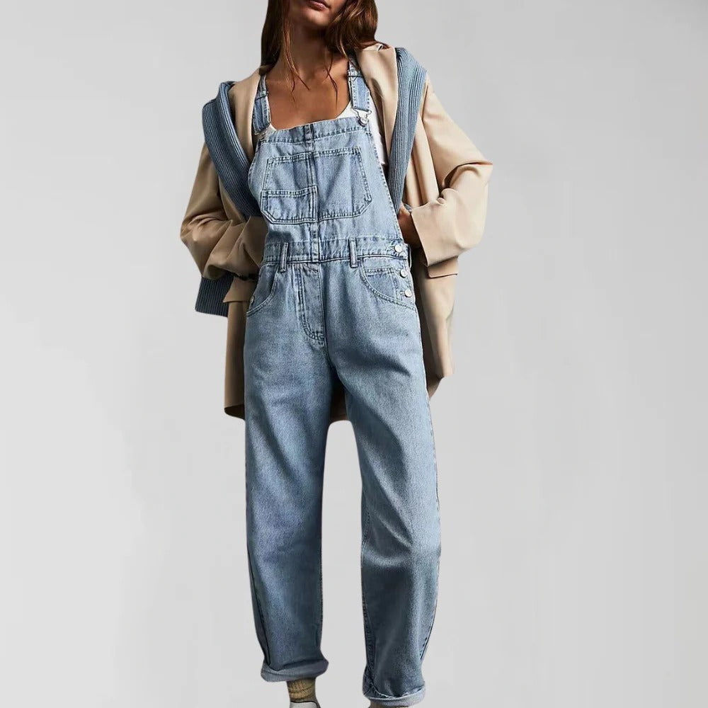 Women's Denim Jumpsuit with Stretch Fabric and Adjustable Fit, Machine Washable