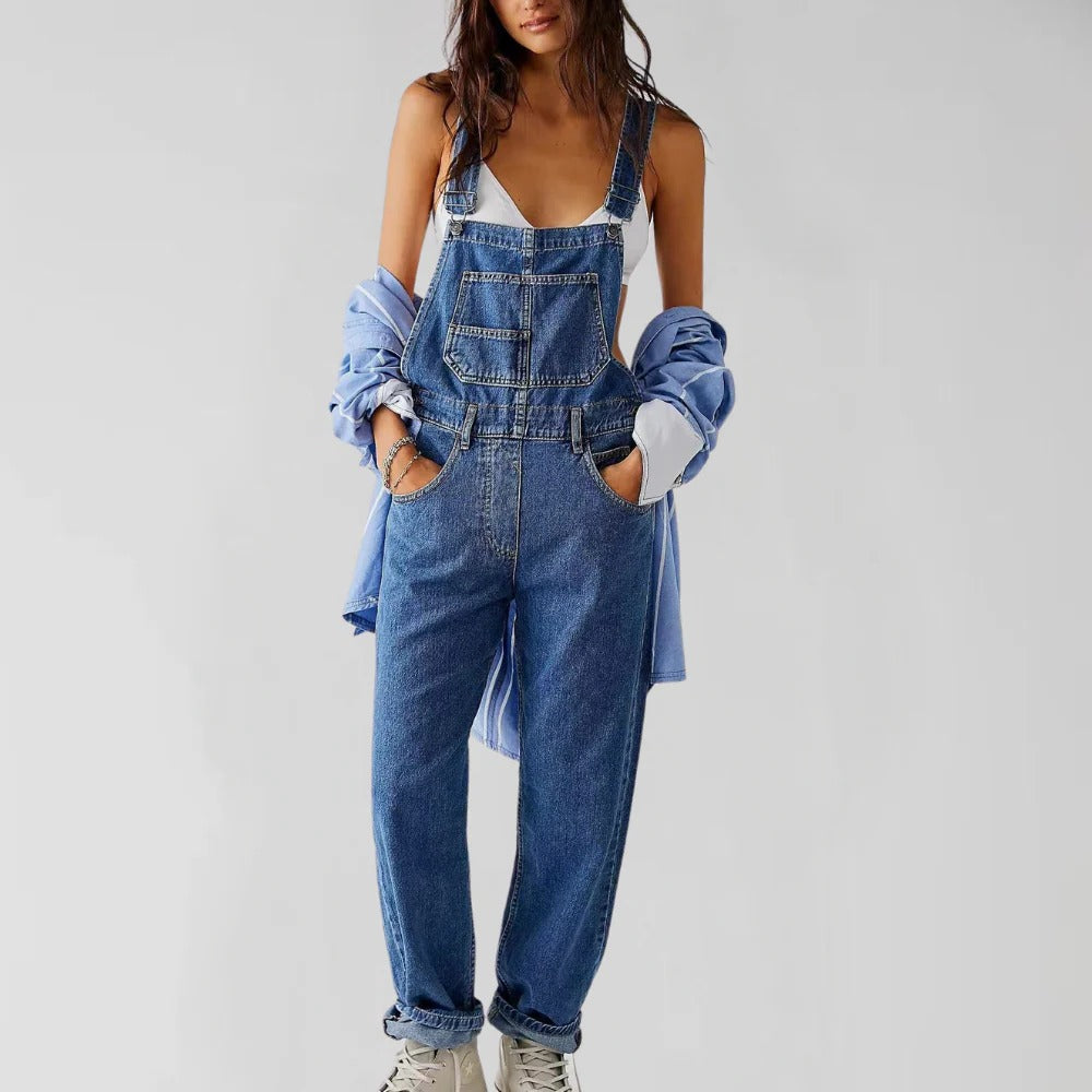 Women's Denim Jumpsuit with Stretch Fabric and Adjustable Fit, Machine Washable