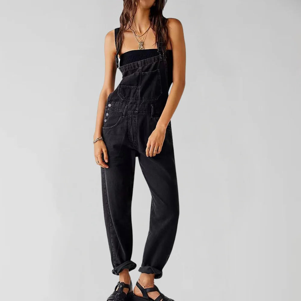 Women's Denim Jumpsuit with Stretch Fabric and Adjustable Fit, Machine Washable