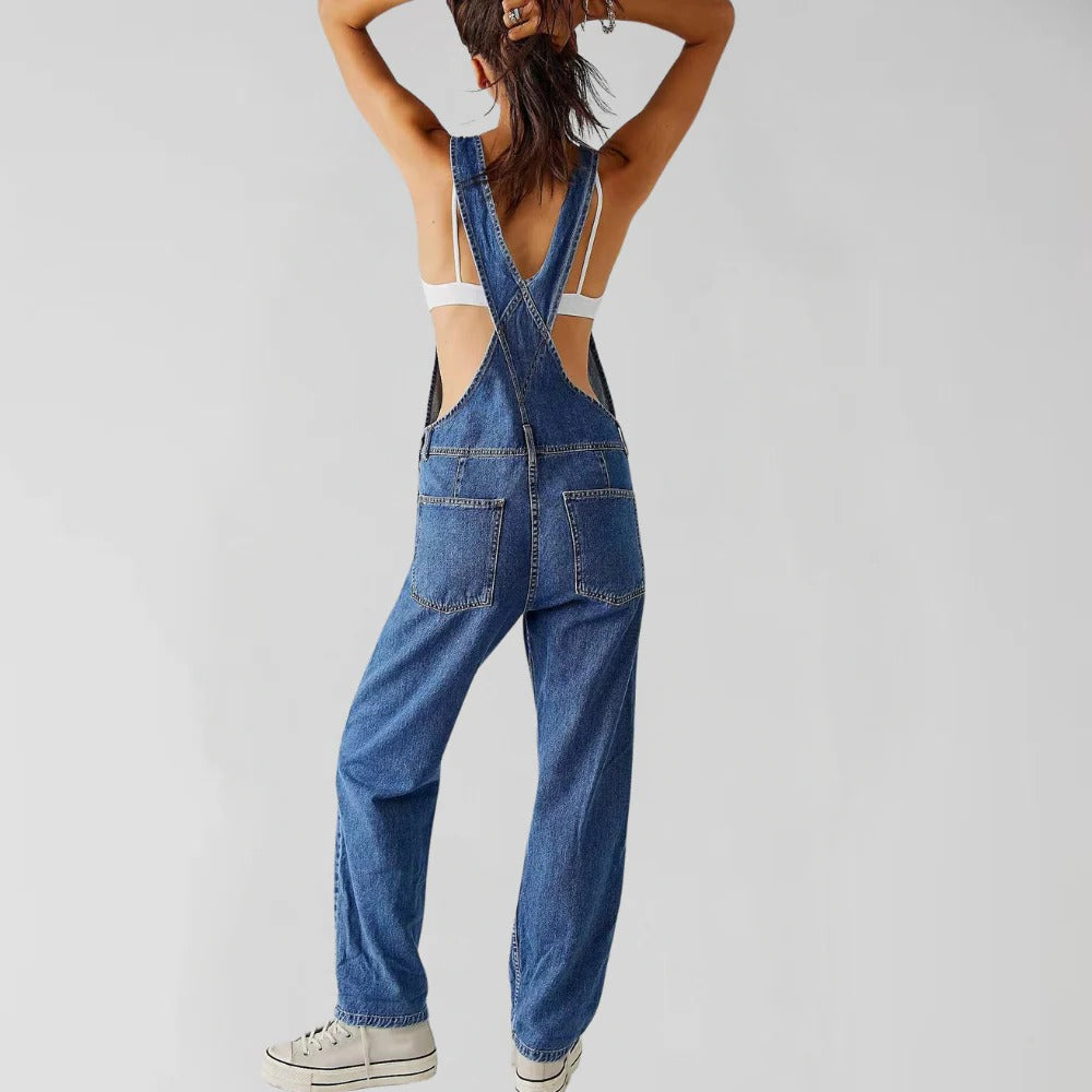 Women's Denim Jumpsuit with Stretch Fabric and Adjustable Fit, Machine Washable