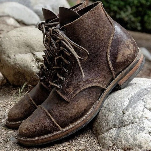 Men's Ankle High Boots with Hook and Loop Straps and Contoured Sole