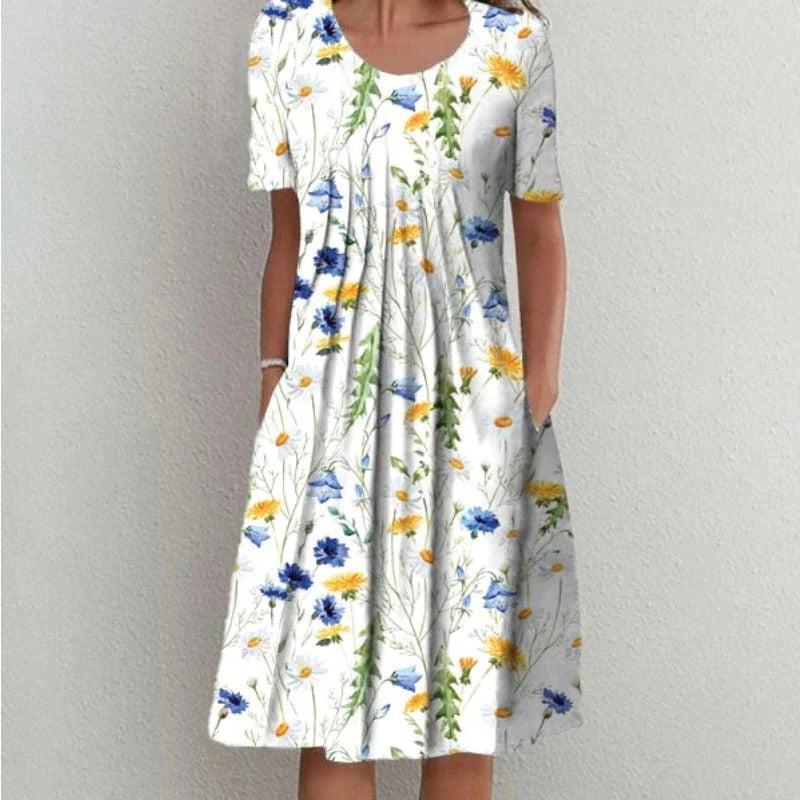 Knee Length Floral Dress with Hidden Side Pockets and Lightweight Fabric