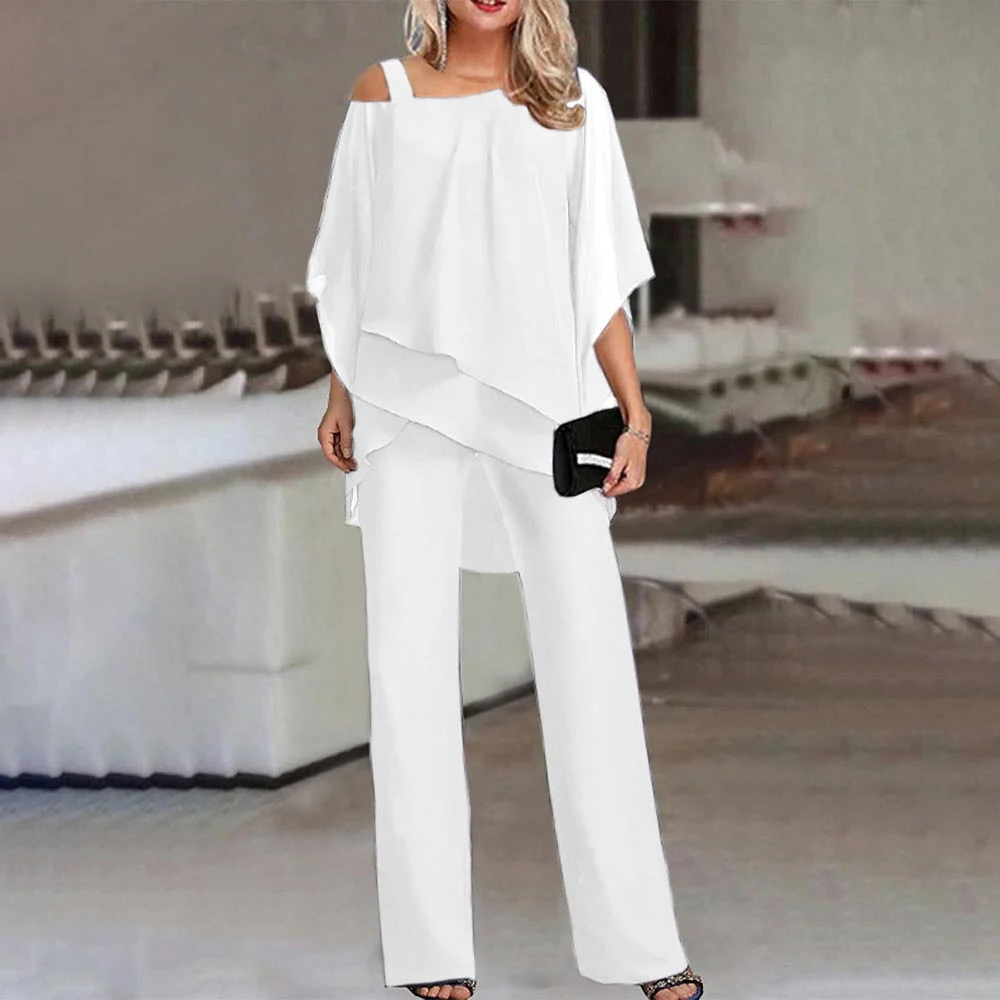 Women's Cold Shoulder Suit with Straight Leg Trousers and Wrinkle Resistant Fabric