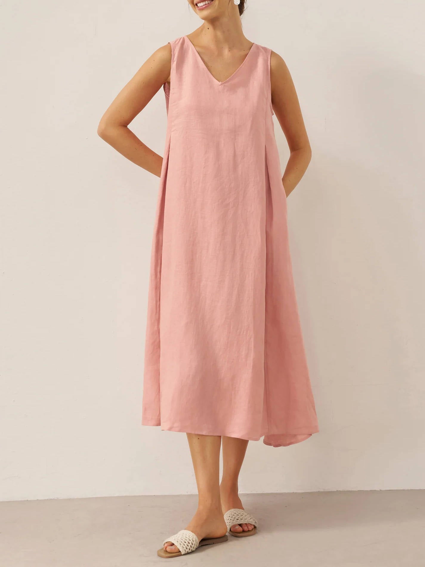 Breathable Pure Linen A Line Maxi Dress with V Neckline and Adjustable Back Tie