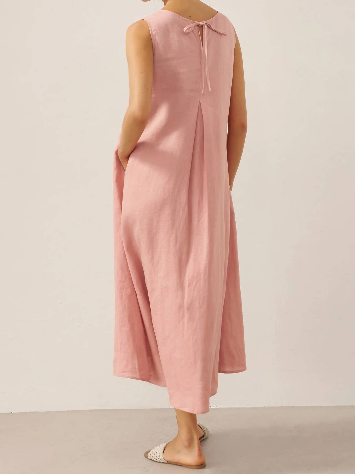 Breathable Pure Linen A Line Maxi Dress with V Neckline and Adjustable Back Tie