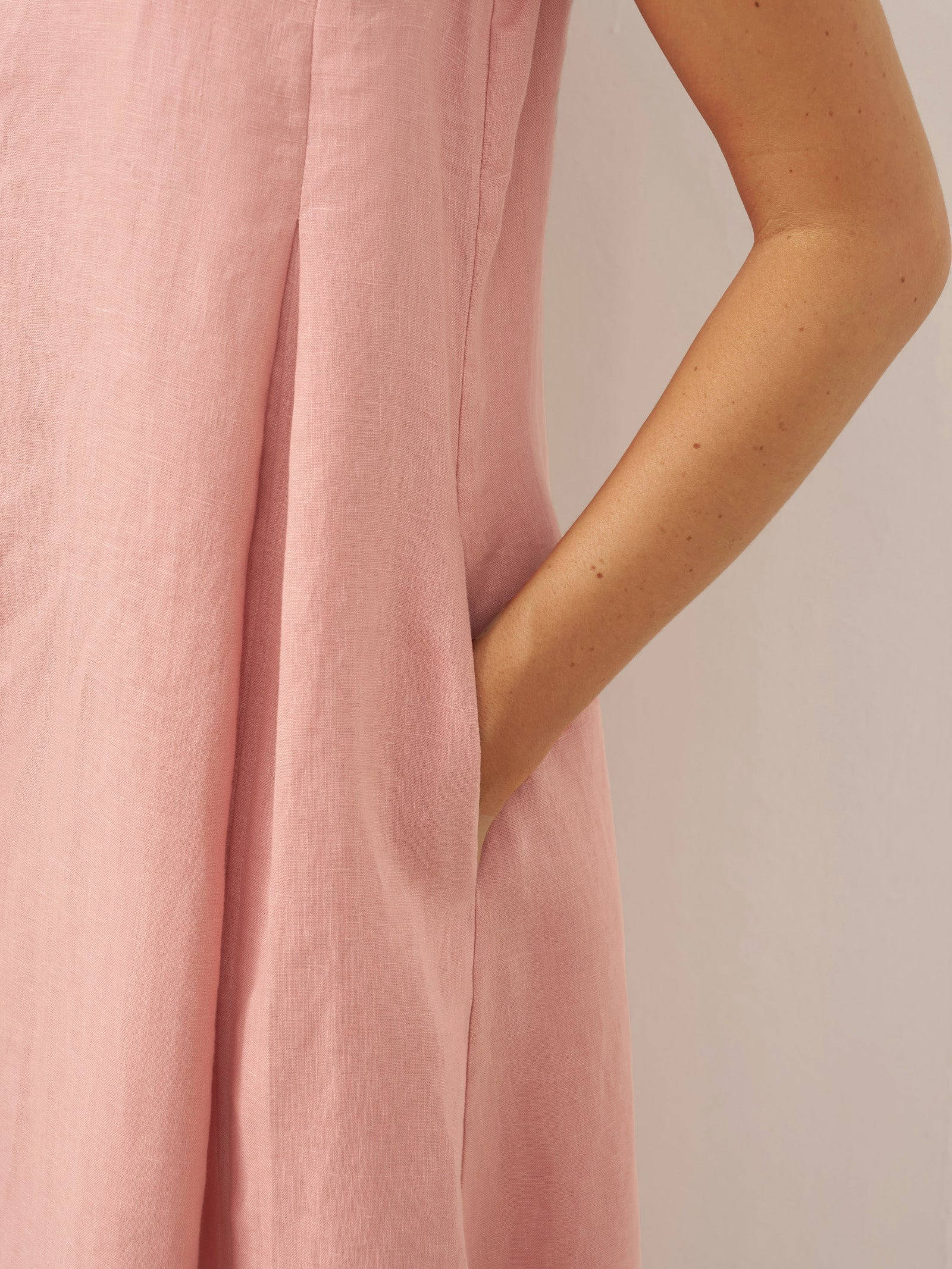 Breathable Pure Linen A Line Maxi Dress with V Neckline and Adjustable Back Tie