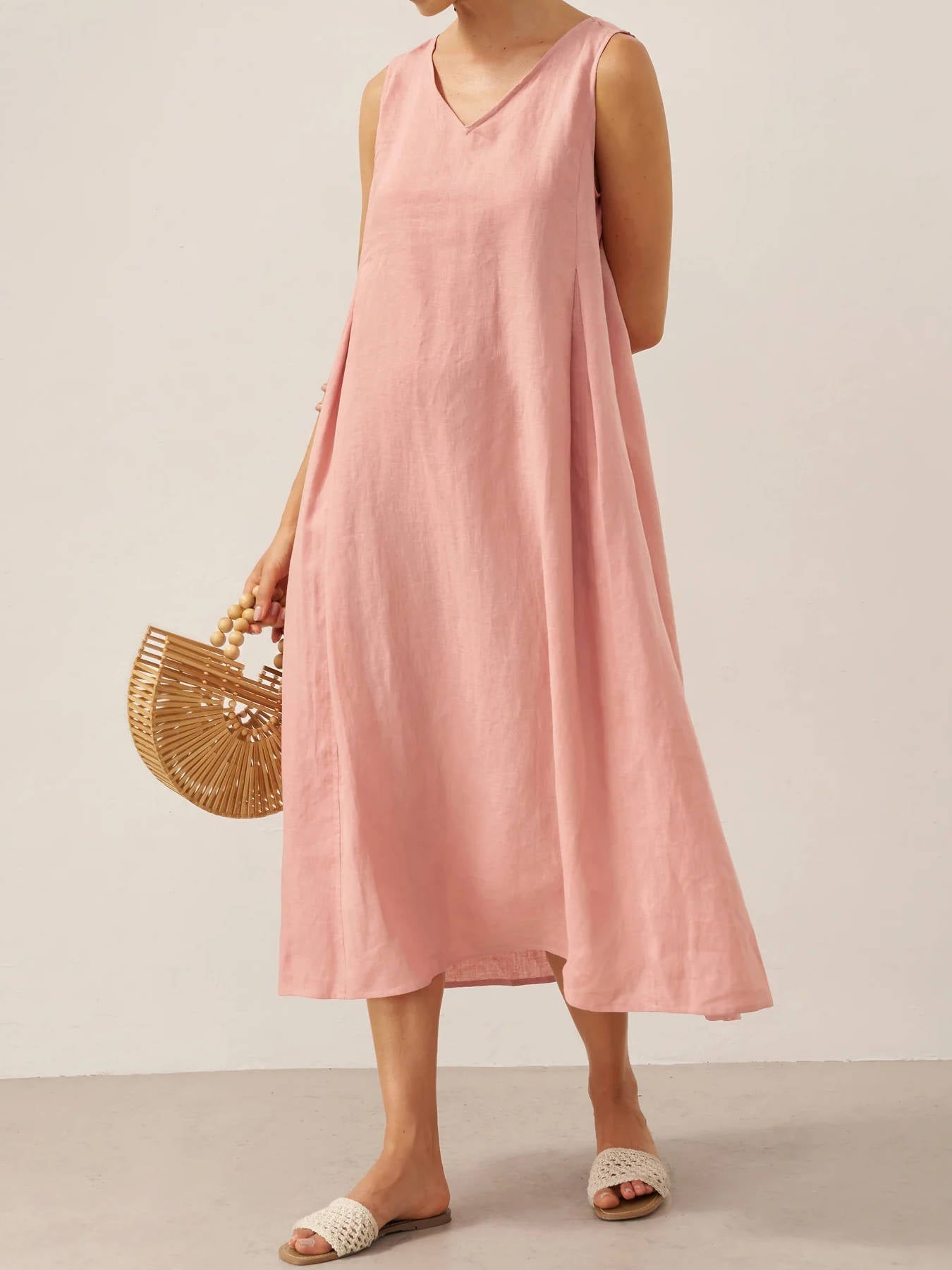 Breathable Pure Linen A Line Maxi Dress with V Neckline and Adjustable Back Tie