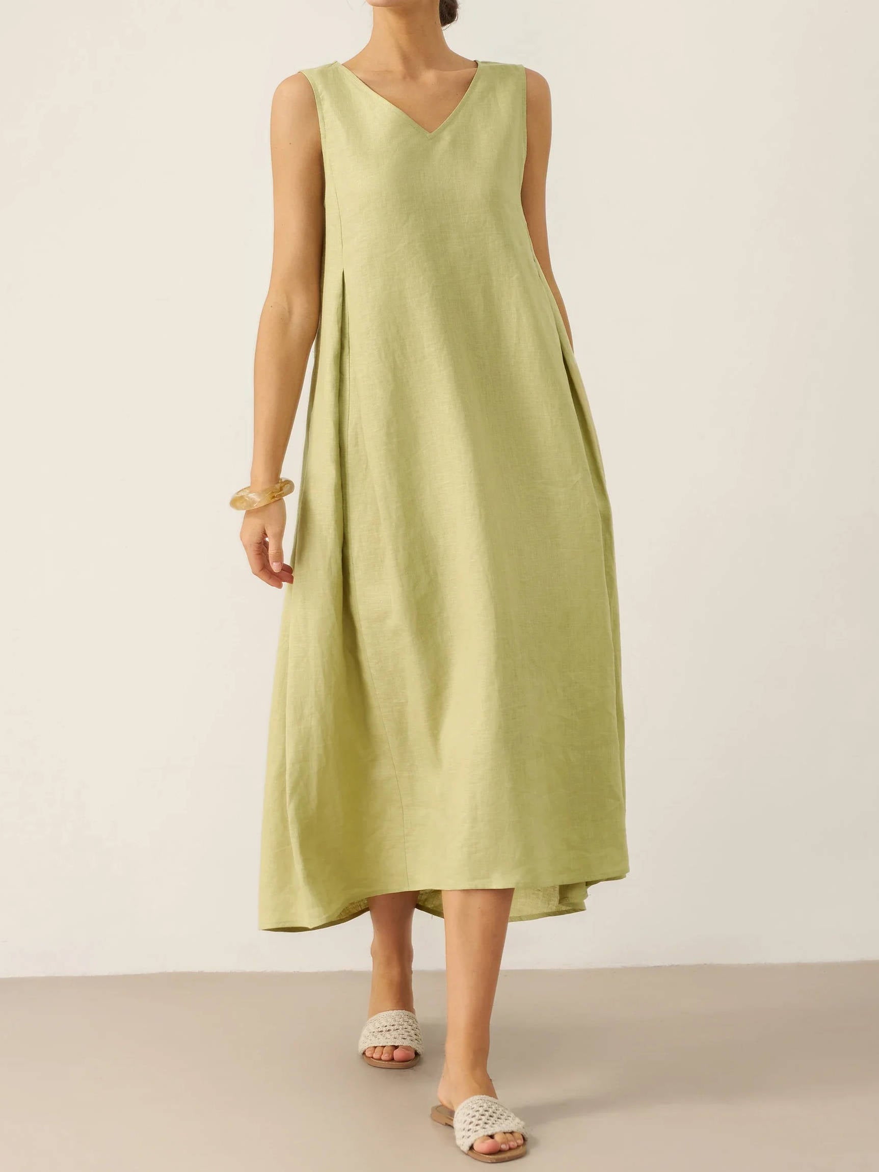 Breathable Pure Linen A Line Maxi Dress with V Neckline and Adjustable Back Tie