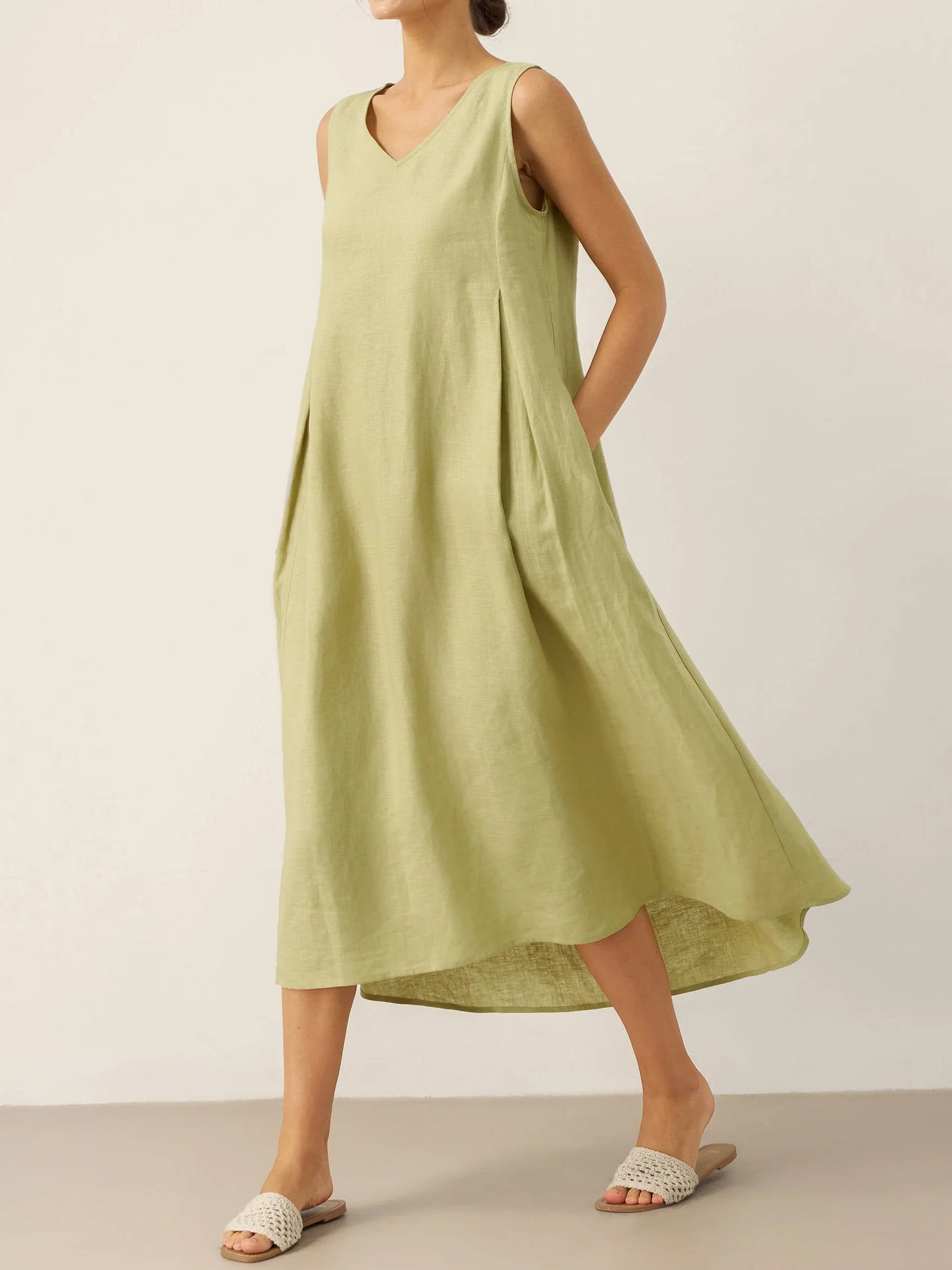 Breathable Pure Linen A Line Maxi Dress with V Neckline and Adjustable Back Tie