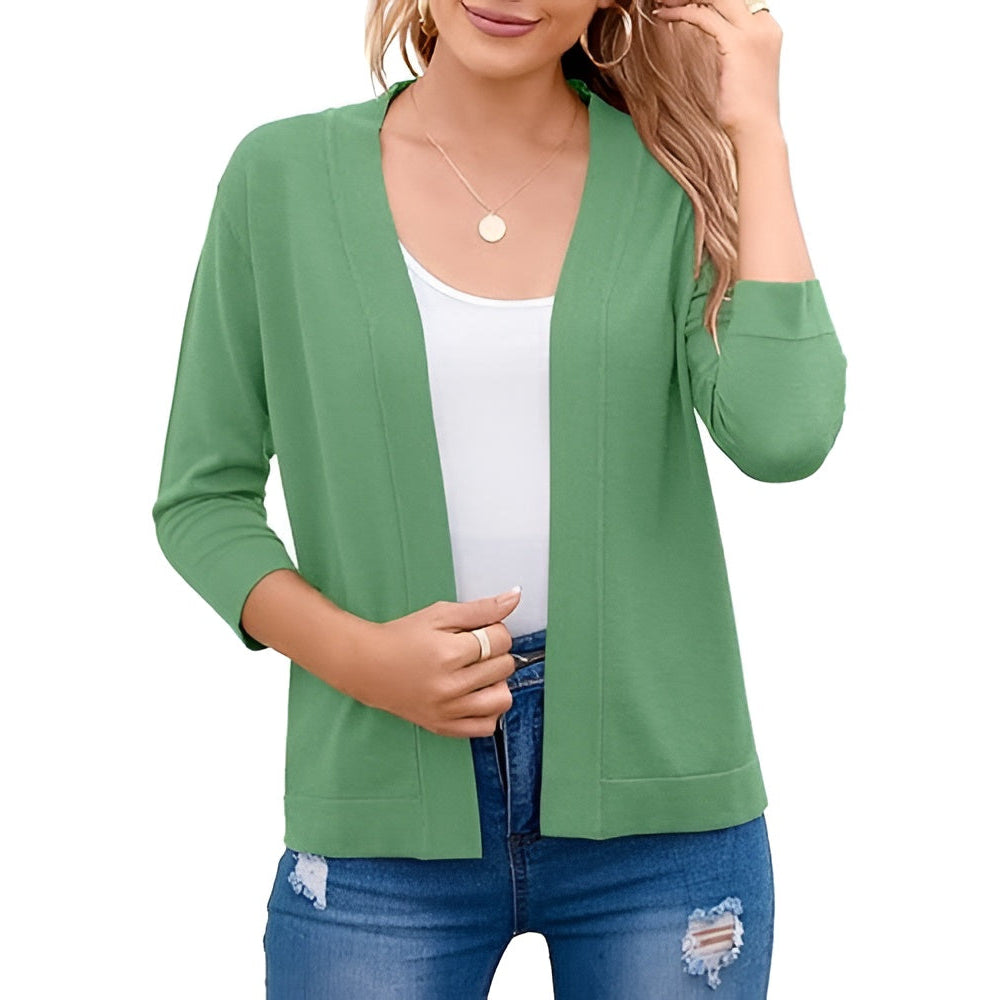 Women's Cropped Cardigan with 3/4 Sleeves and Open Front, Viscose Nylon Blend
