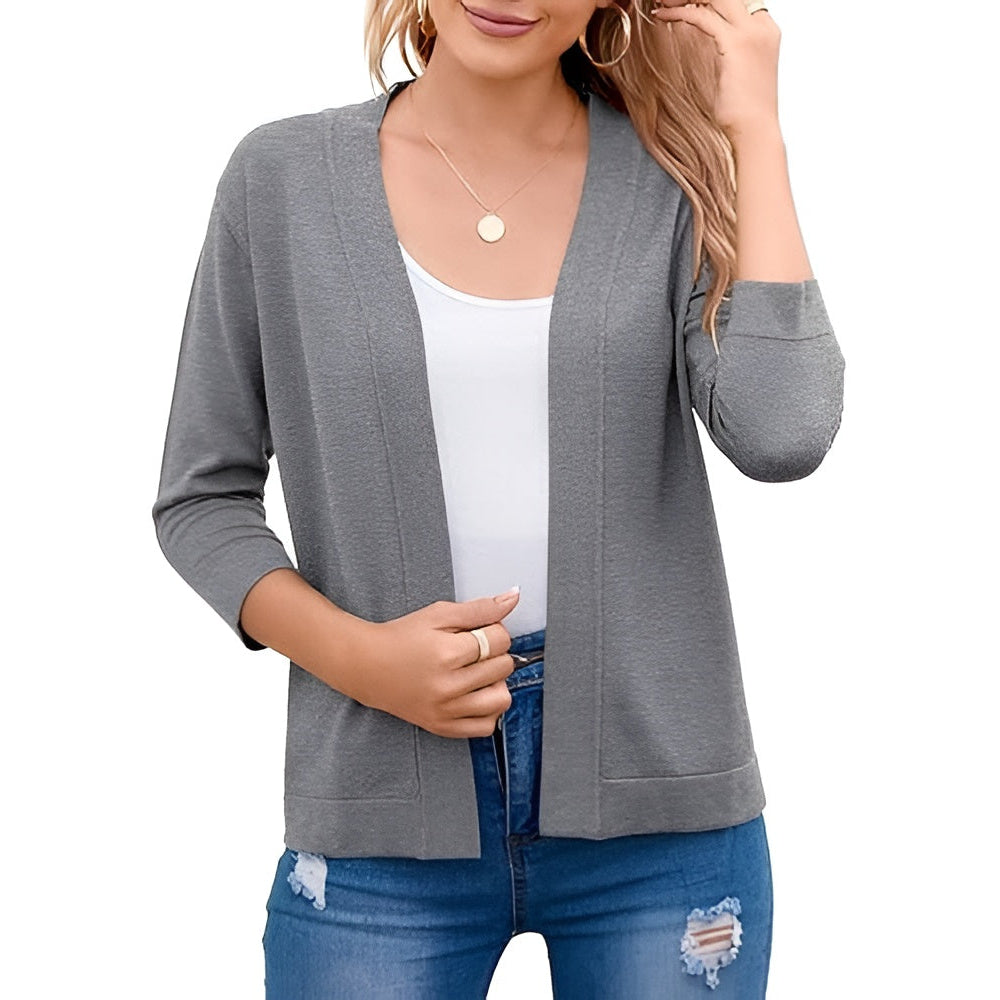 Women's Cropped Cardigan with 3/4 Sleeves and Open Front, Viscose Nylon Blend