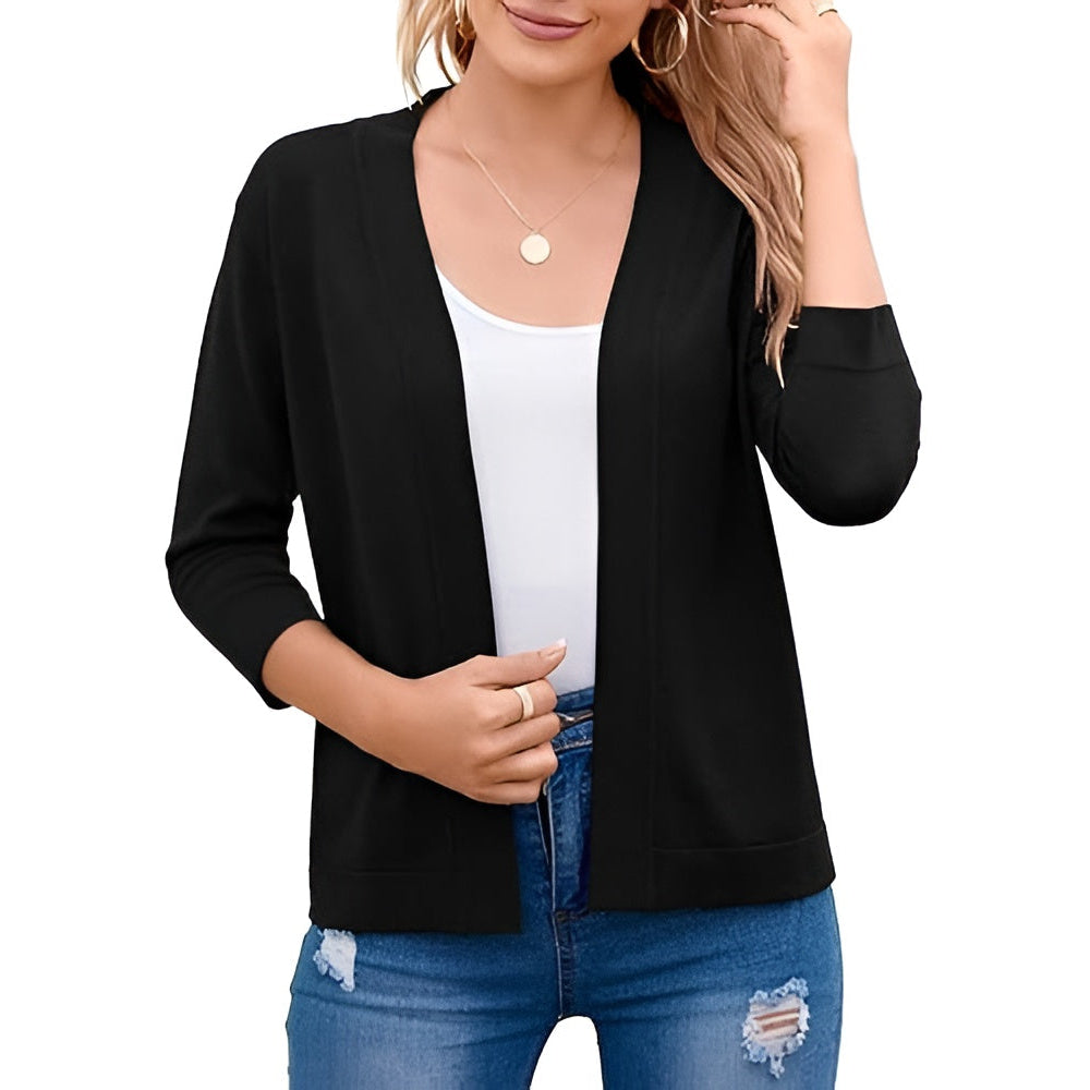 Women's Cropped Cardigan with 3/4 Sleeves and Open Front, Viscose Nylon Blend