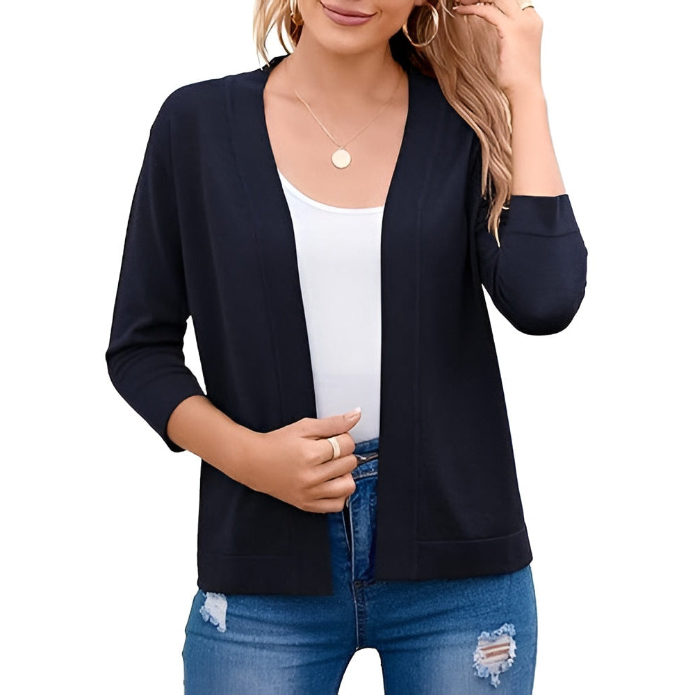 Women's Cropped Cardigan with 3/4 Sleeves and Open Front, Viscose Nylon Blend