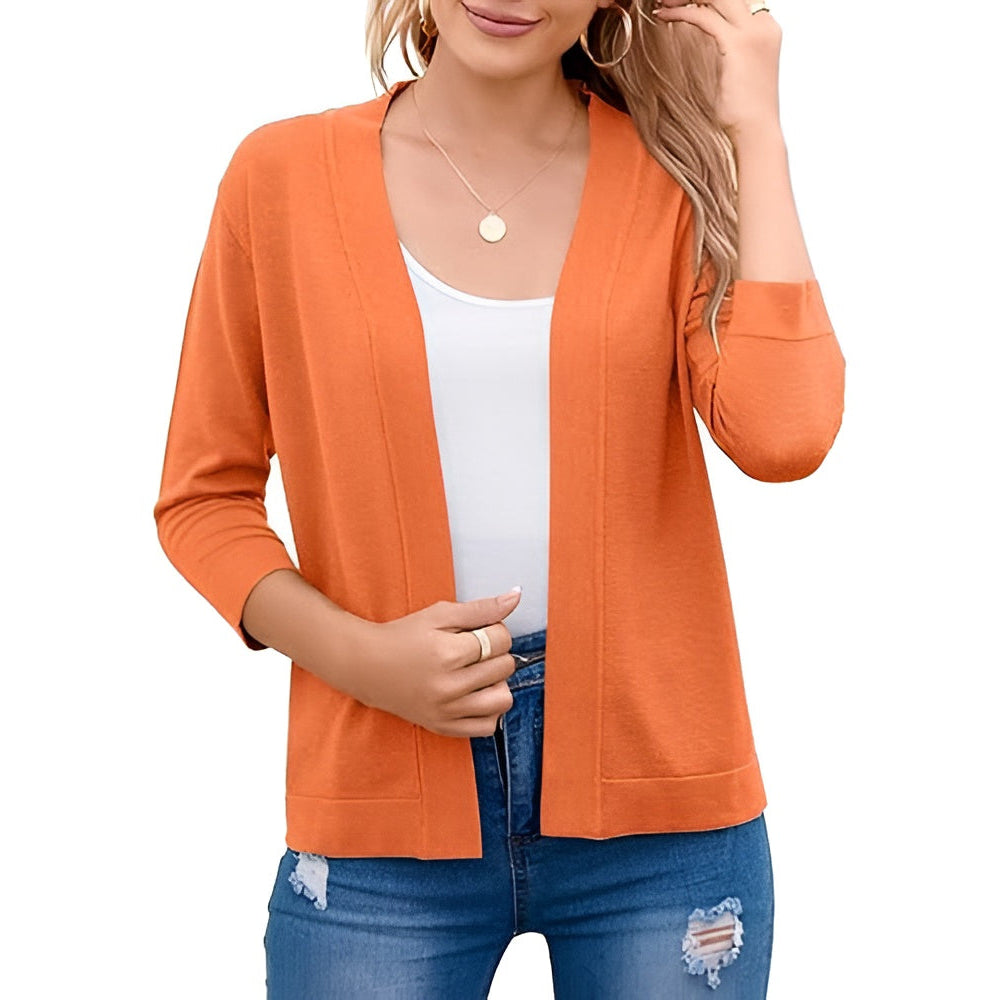 Women's Cropped Cardigan with 3/4 Sleeves and Open Front, Viscose Nylon Blend