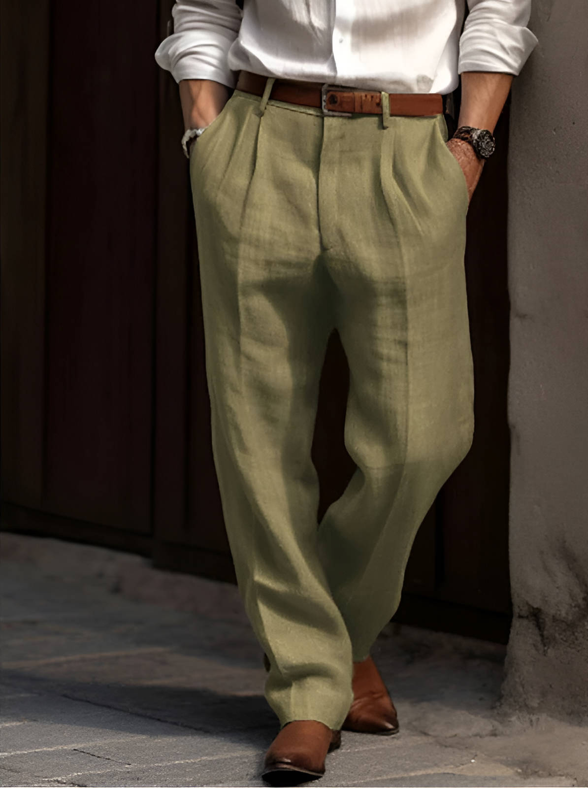 Men's Pleated Cotton Linen Pants with Elastic Waist and Reinforced Seams
