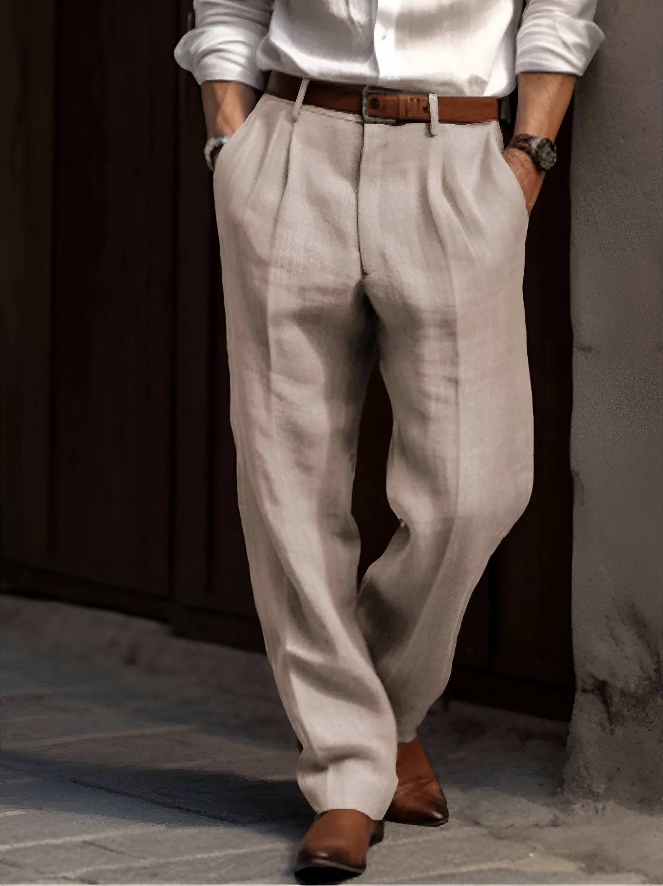 Men's Pleated Cotton Linen Pants with Elastic Waist and Reinforced Seams